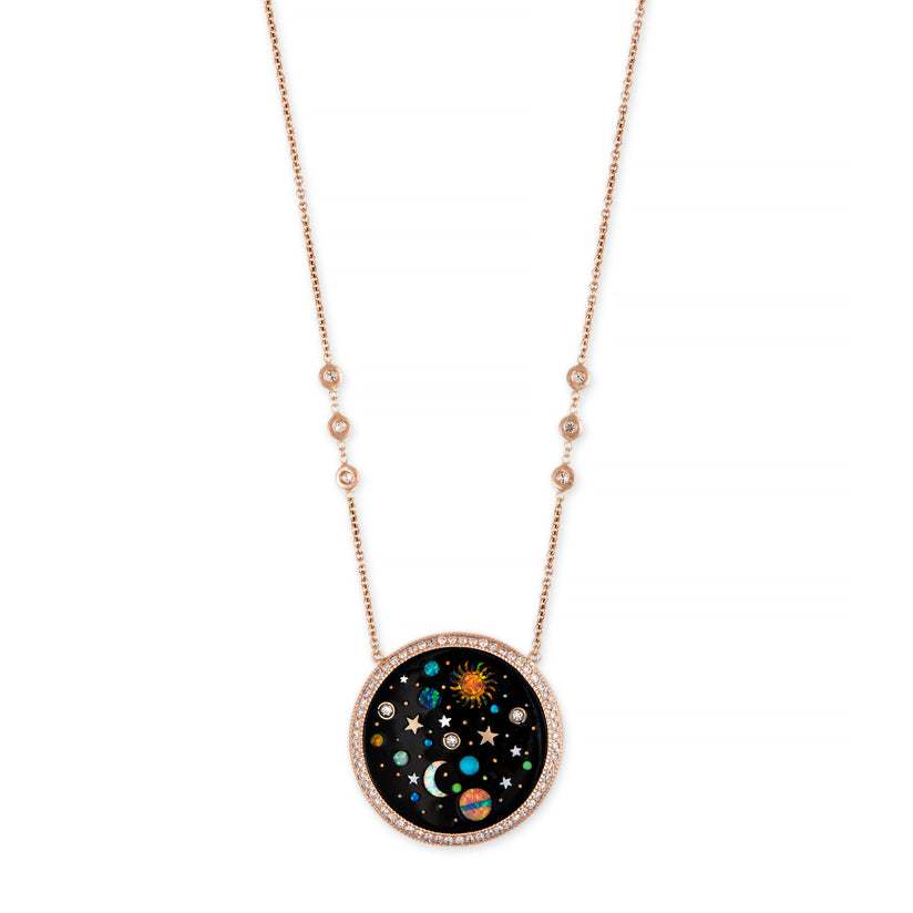 Color Blossom Double Star Pendant, Yellow Gold, Onyx And Diamond