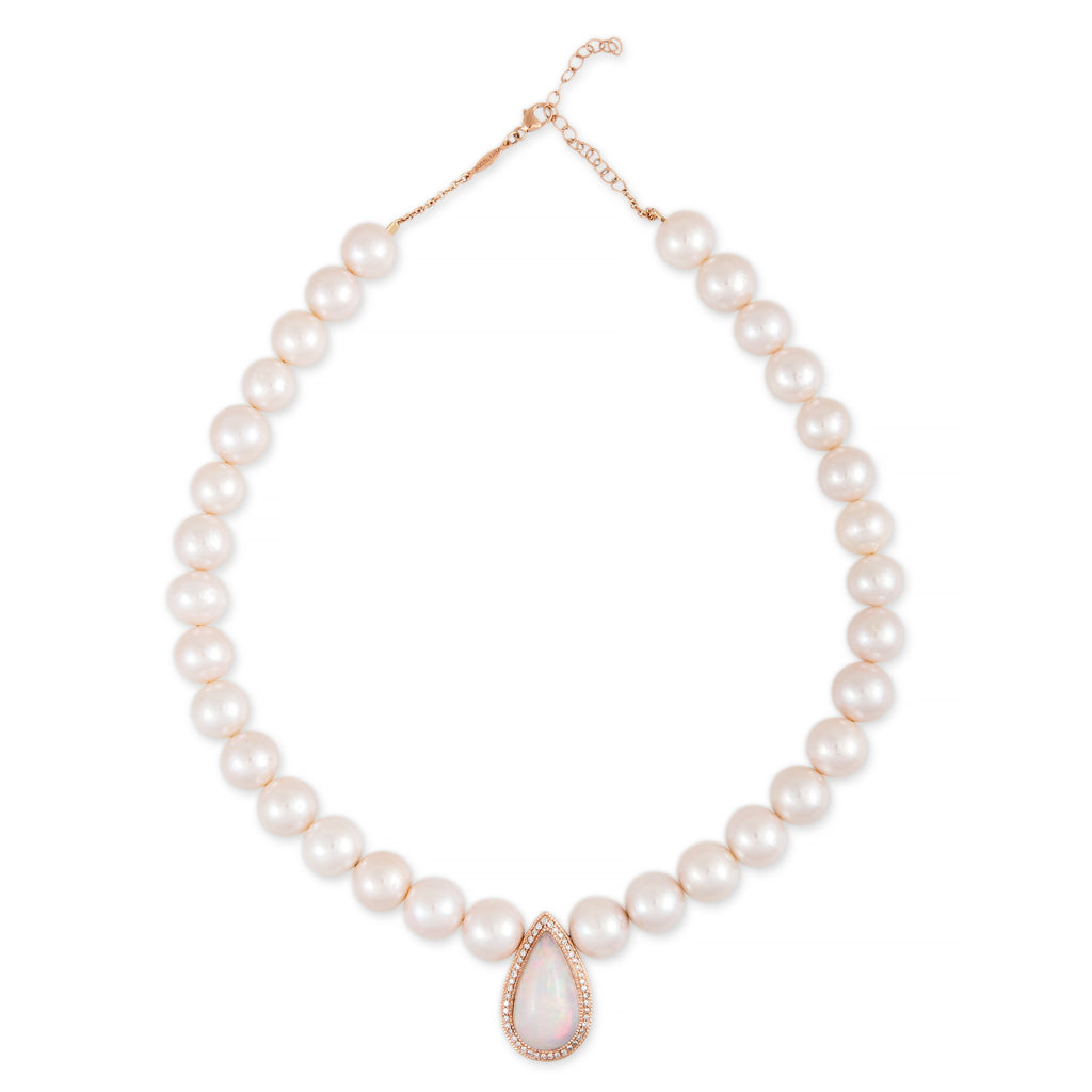 PAVE OPAL TEARDROP CENTER FRESHWATER PEARL BEADED NECKLACE