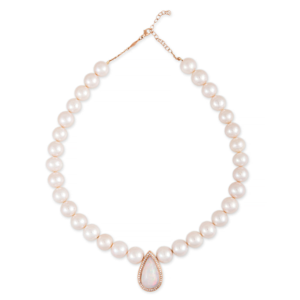 Pavé Opal Teardrop Center Freshwater Pearl Beaded Necklace