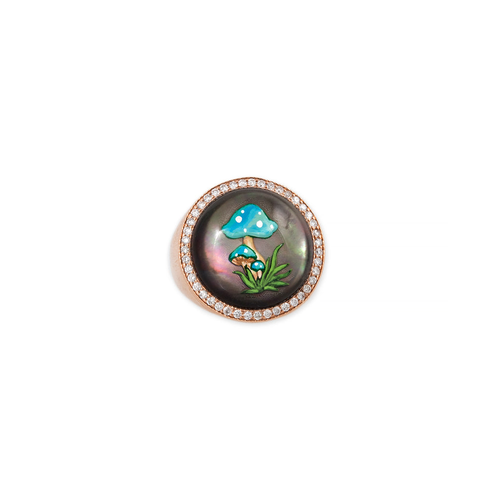 Pave Hand Painted Blue Mushroom on Black Mother of Pearl Signet Ring