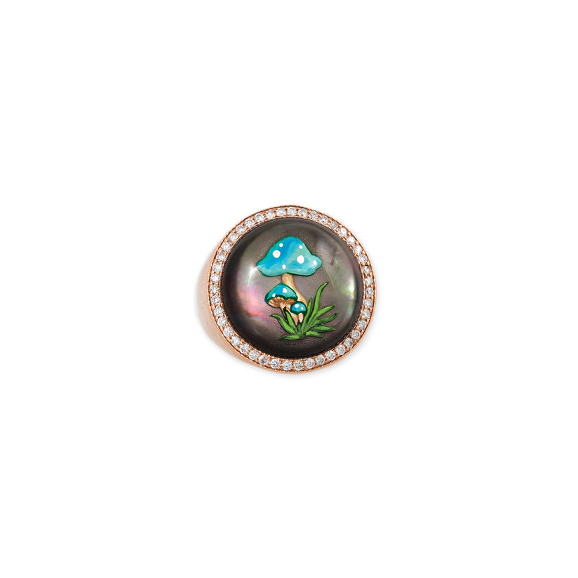 PAVE HAND PAINTED BLUE MUSHROOM ON BLACK MOTHER OF PEARL SIGNET RING