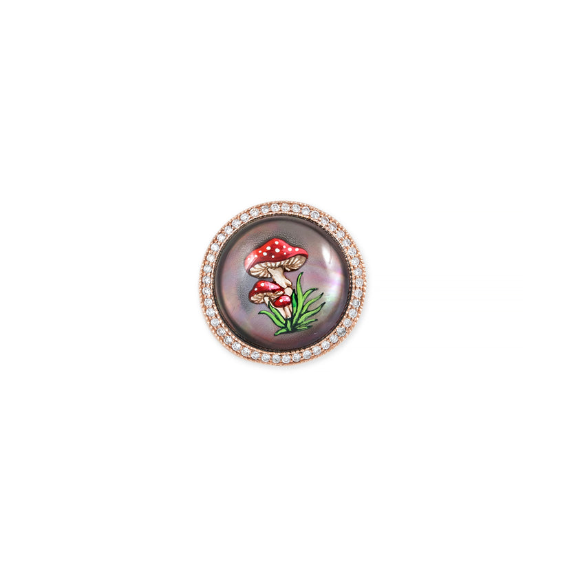 PAVE HAND PAINTED RED MUSHROOM ON BLACK MOTHER OF PEARL SIGNET RING
