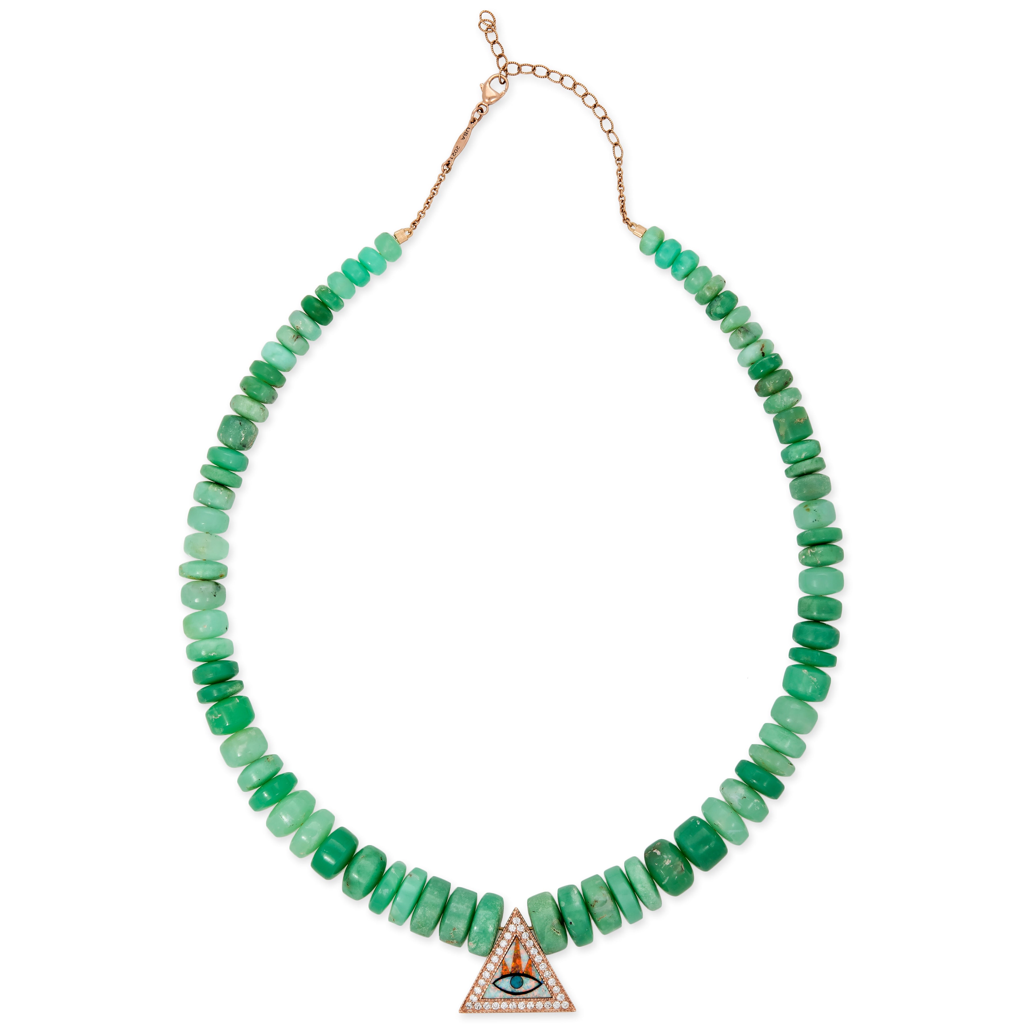 PAVE EYE TRIANGLE INLAY + GRADUATED CHRYSOPRASE CYLINDER BEADED NECKLACE