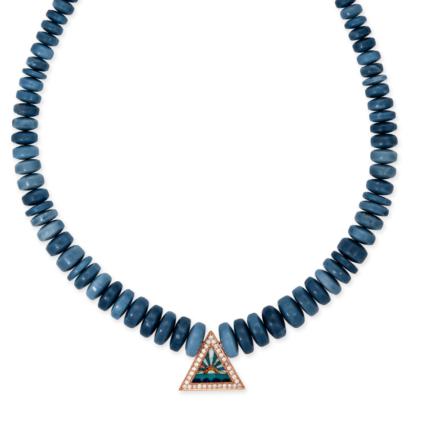 PAVE SUNSHINE TRIANGLE INLAY + GRADUATED BLUE OPAL CYLINDER BEADED NECKLACE