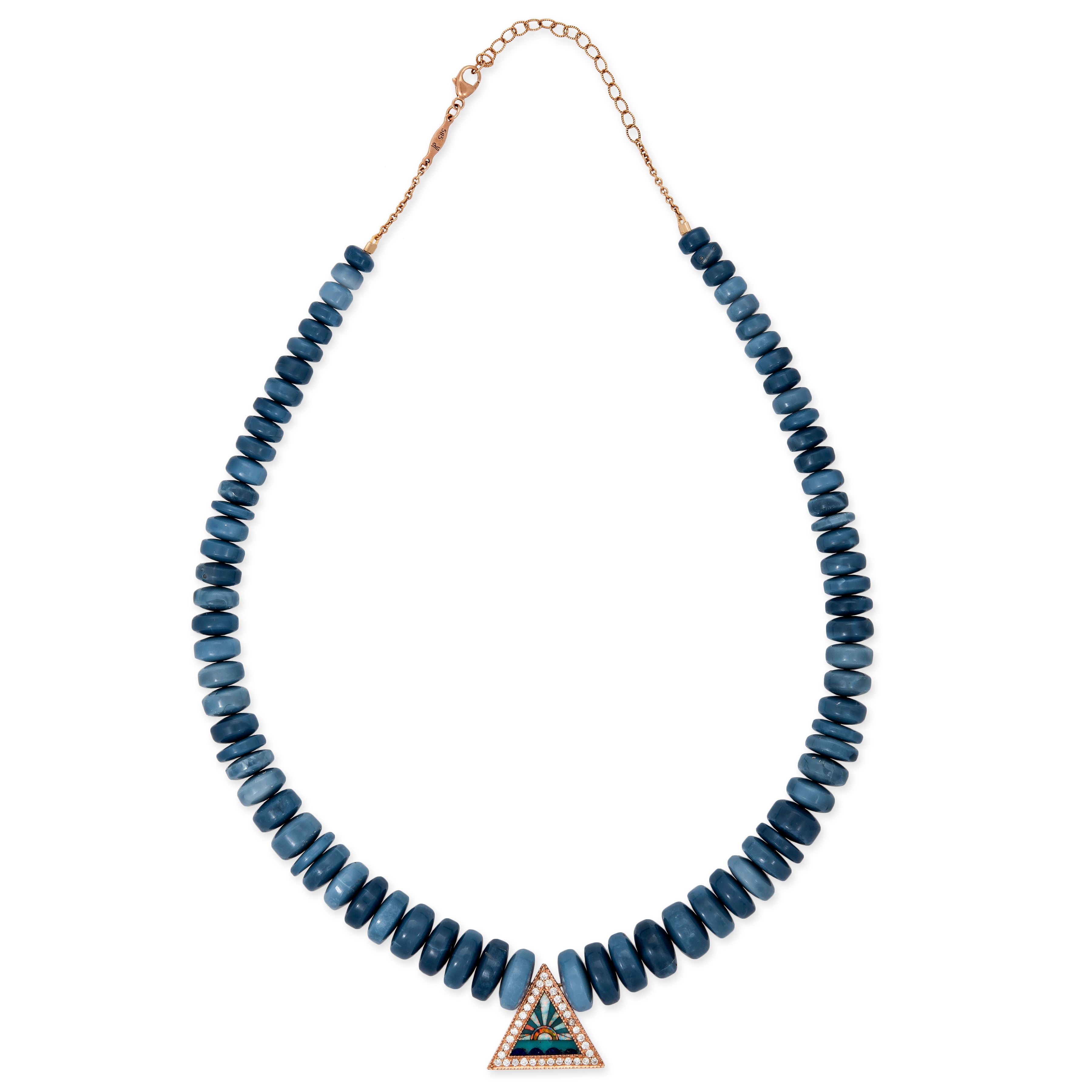 PAVE SUNSHINE TRIANGLE INLAY + GRADUATED BLUE OPAL CYLINDER BEADED NECKLACE