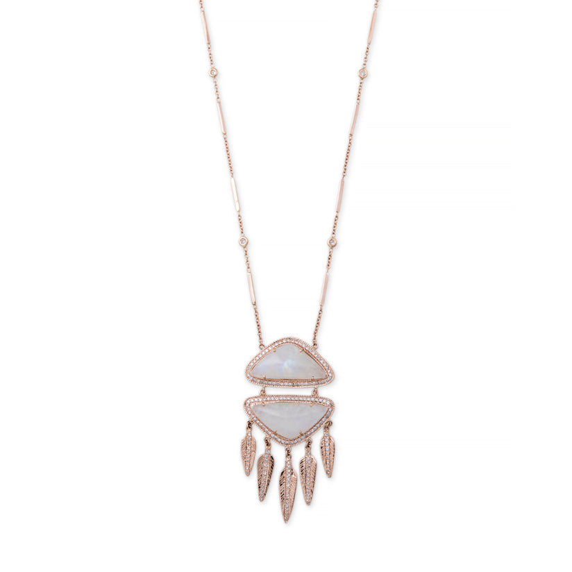 MOONSTONE PAVE DIAMOND DOUBLE TRIANGLE FEATHER SHAKER NECKLACE