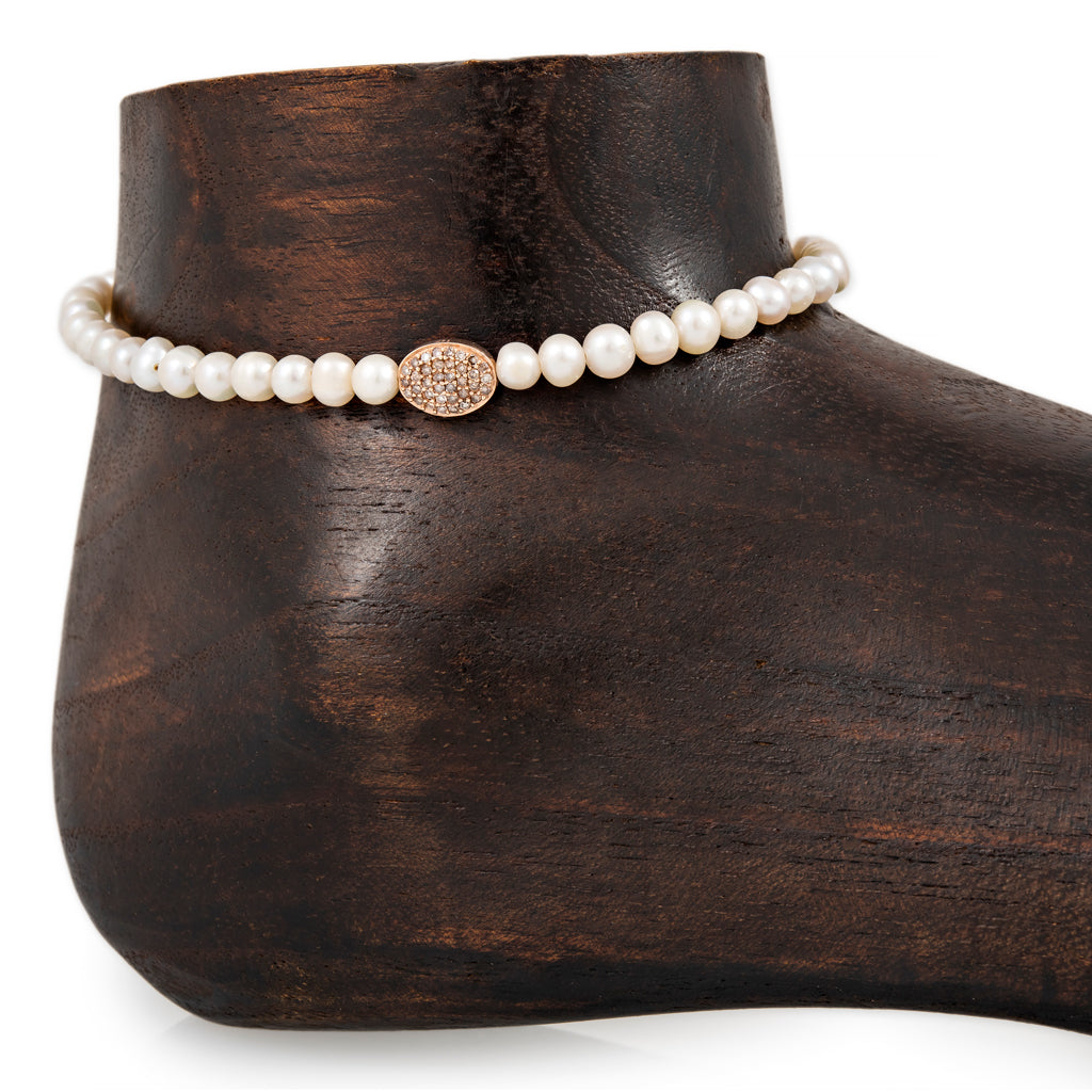 Pave Oval Bead Pearl Beaded Anklet