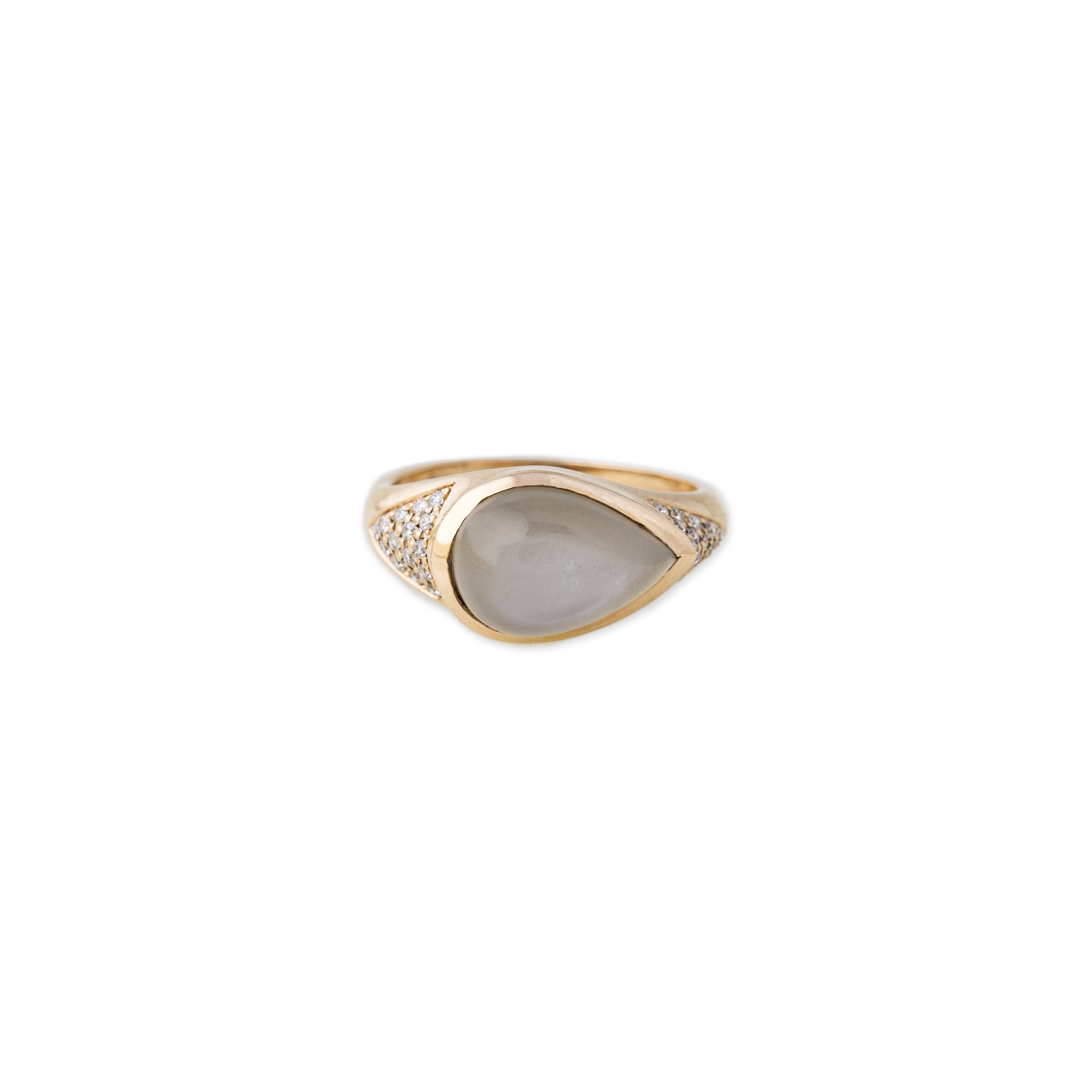SMALL TEARDROP MOONSTONE SIGNET RING WITH PAVE SIDES