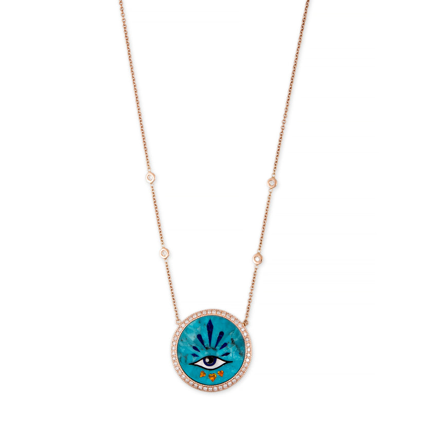 SMALL PAVE 3 HEARTS EYE BURST TURQUOISE INLAY NECKLACE