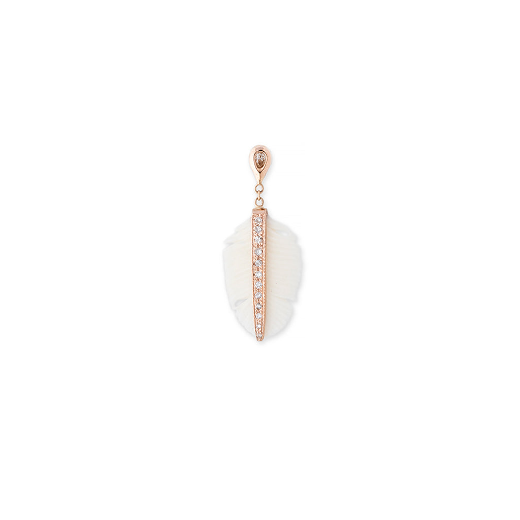 Teardrop Diamond + Pave White Bone Feather Drop Stud Earring