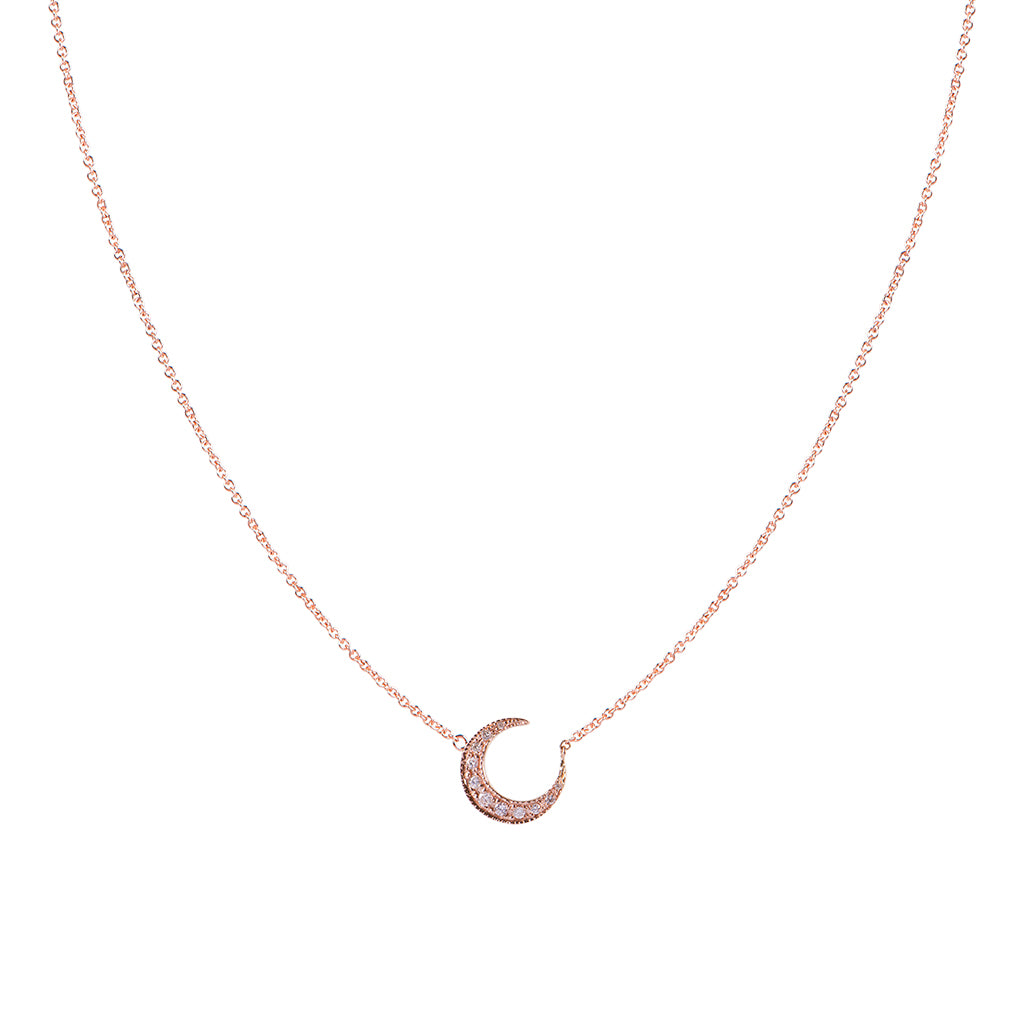 Pavé Diamond Crescent Moon Necklace 14k Rose Gold1
