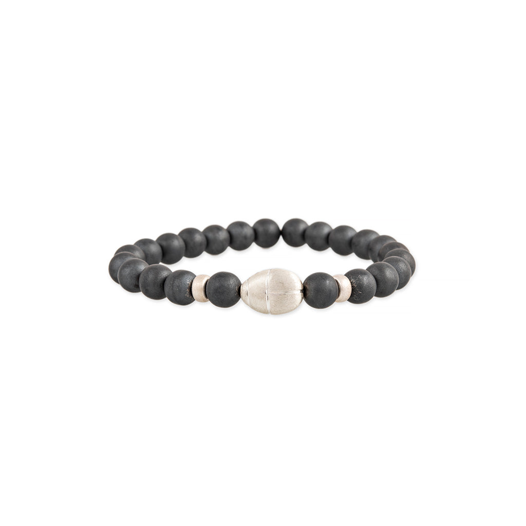 Scarab + Sterling Silver and Hematite Beaded Stretch Bracelet