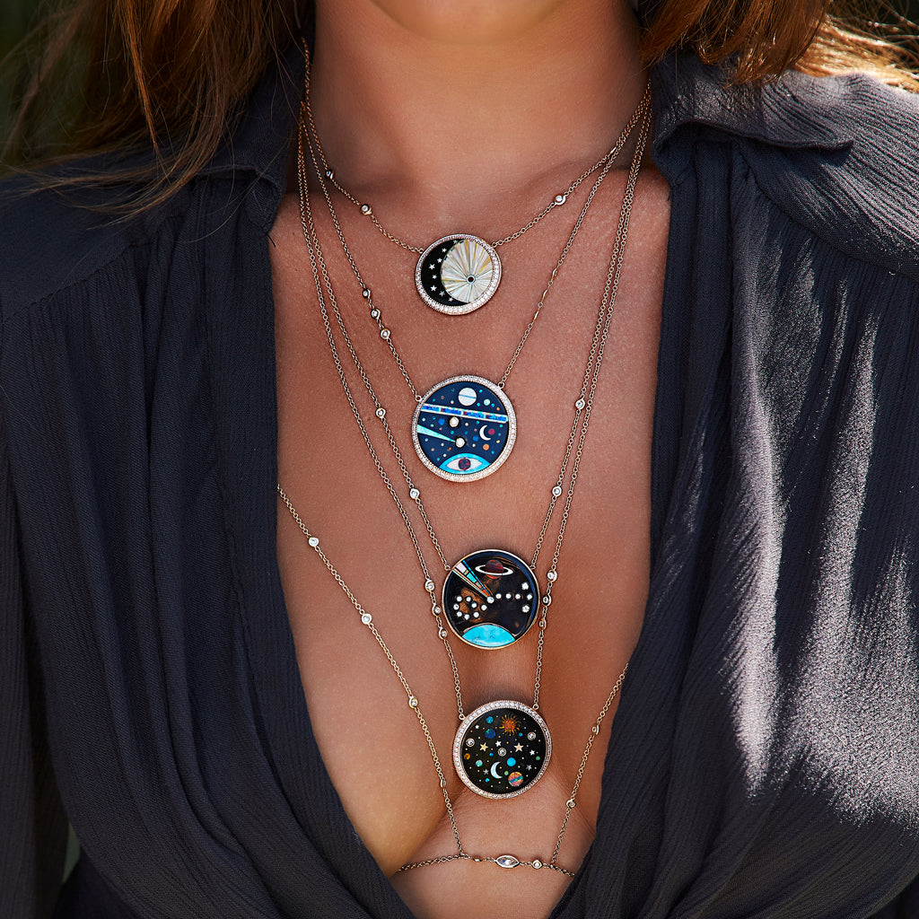 Small Pavé Round Onyx Star Crescent + Opal Rays Inlay Necklace