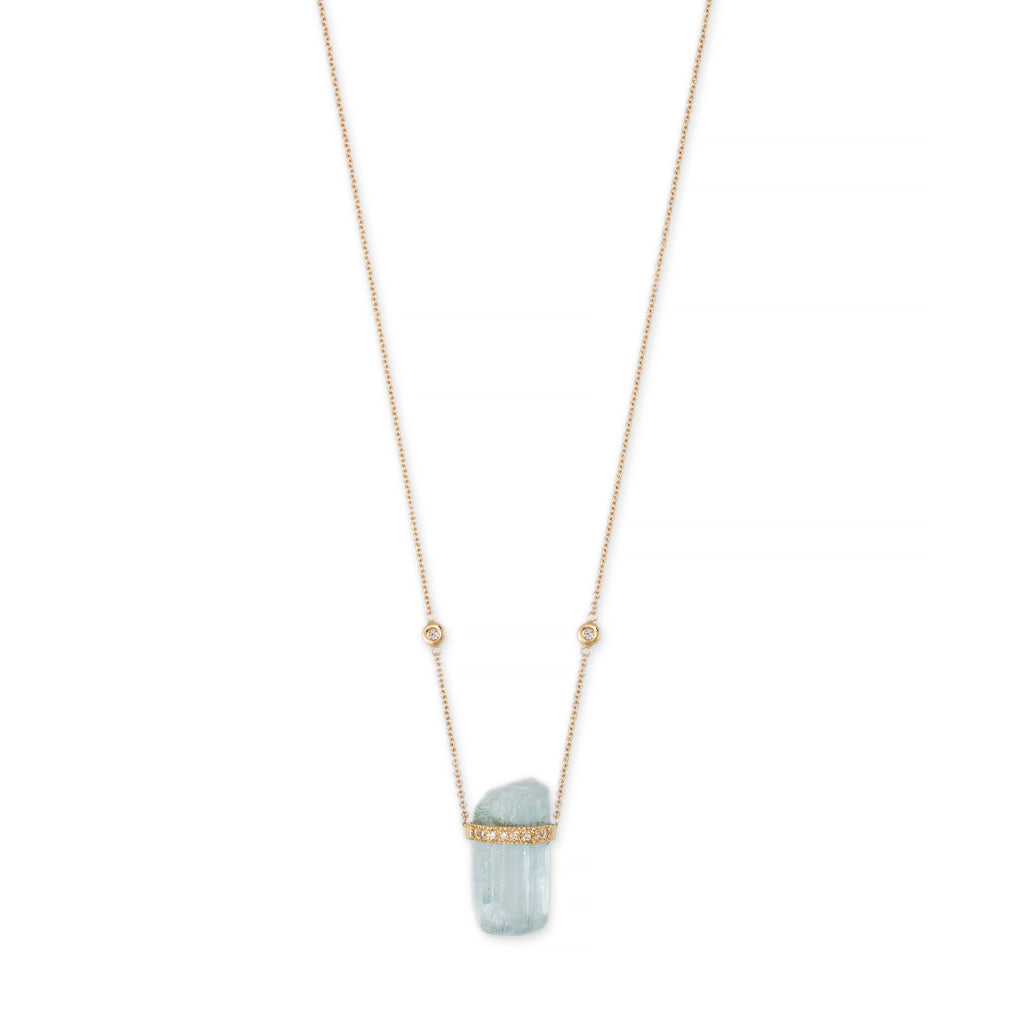 1 Row Pave Diamond Cap Aquamarine Crystal Necklace