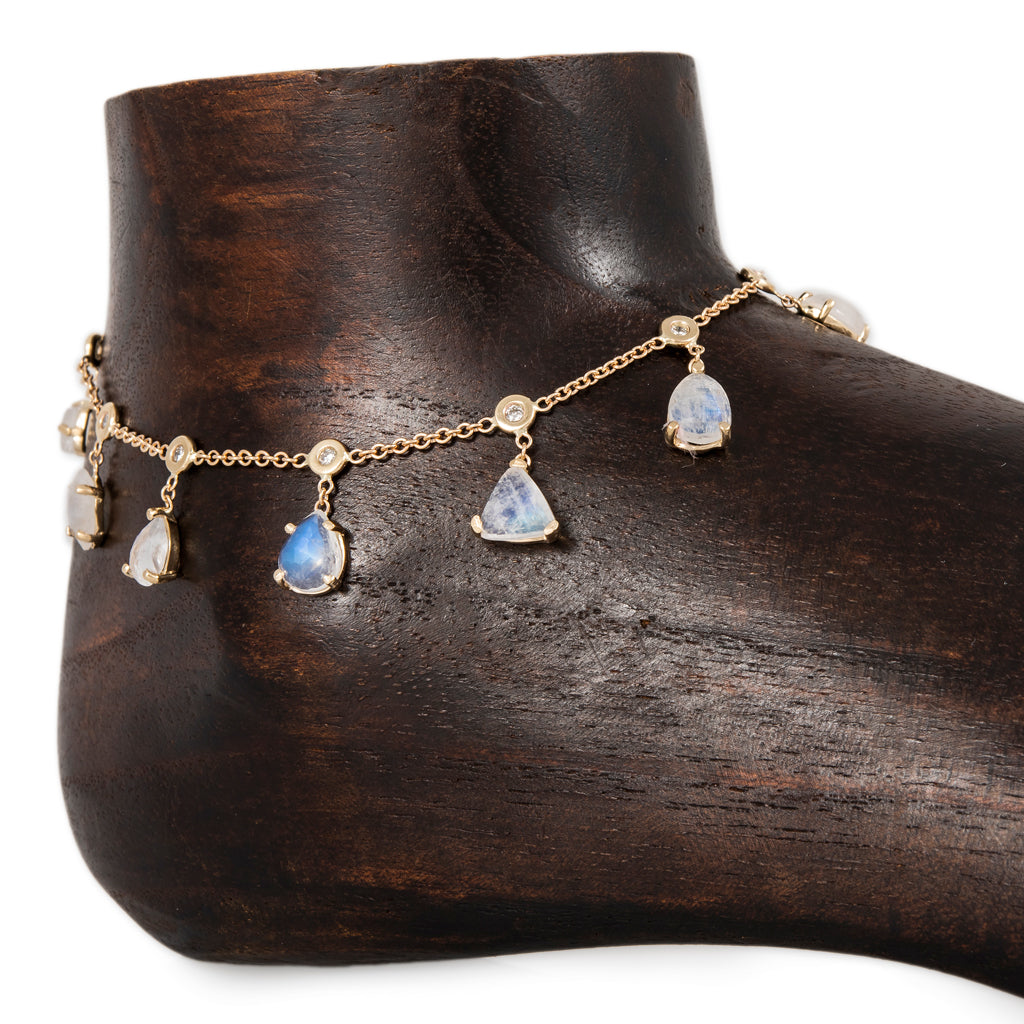 Multi Shape Moonstone + Diamond Shaker Anklet