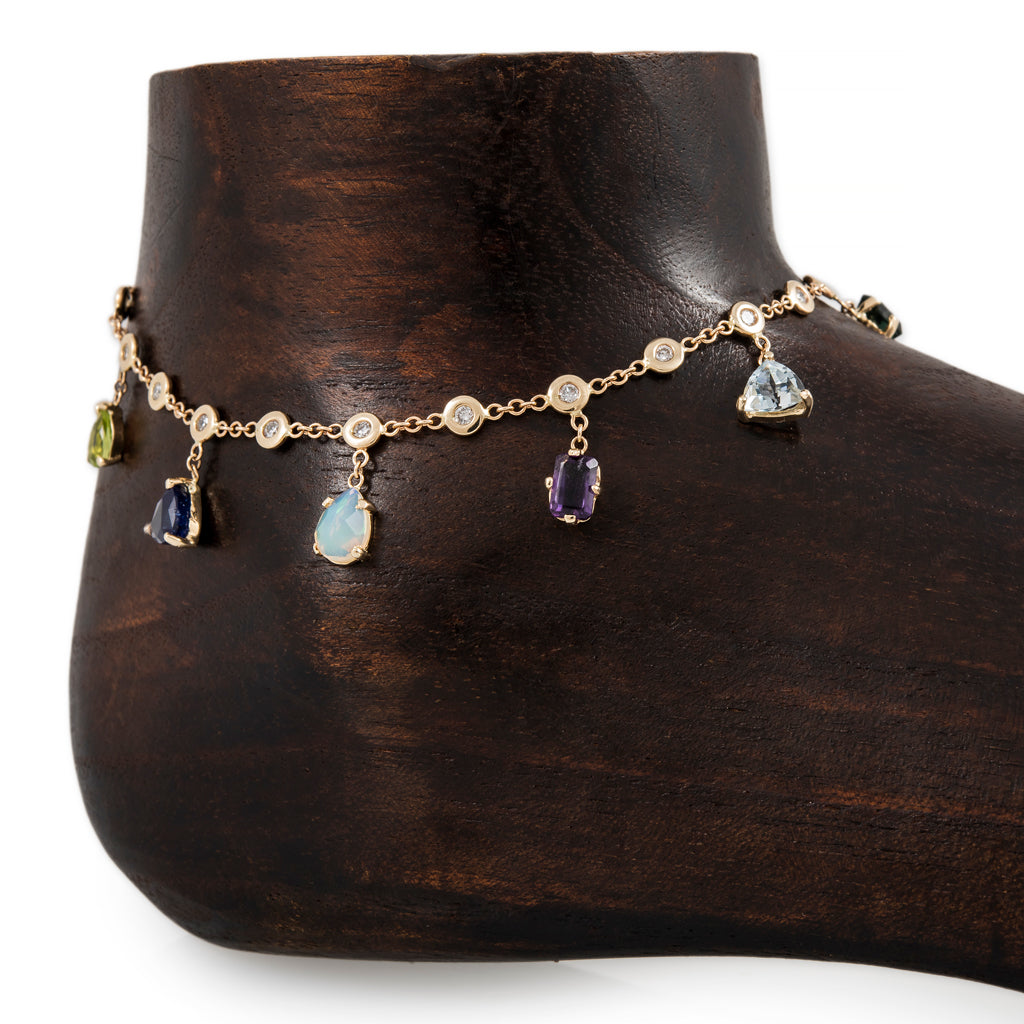 Multi Shape Gemstone + Diamond Shaker Anklet