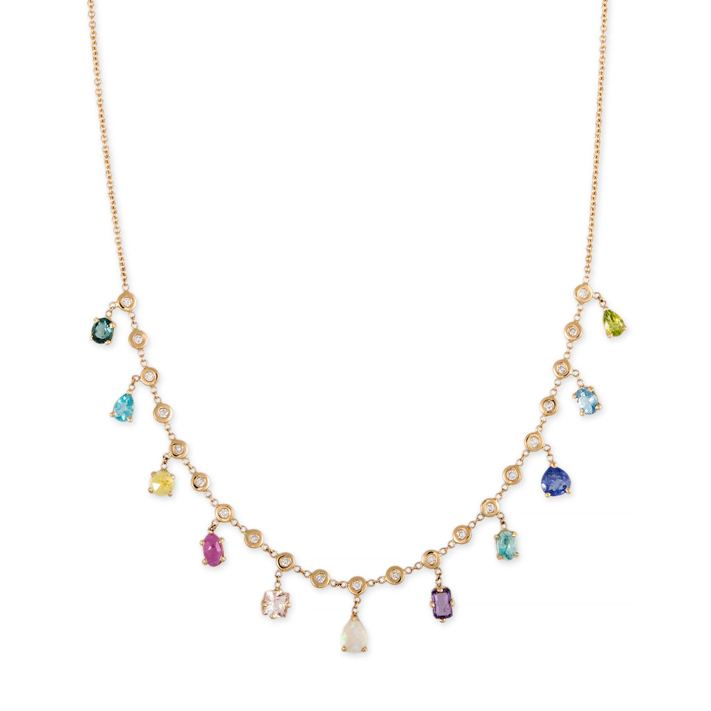 14K Rose Gold 3 Stone Gemstone Necklace: Emerald Sapphire Garnet 0.6ct  001096