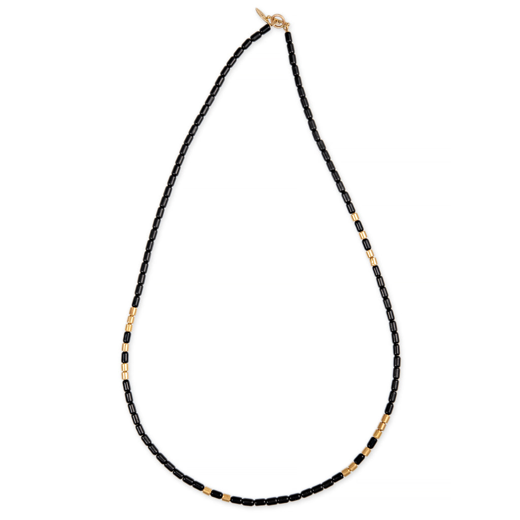 18 Gold Beads + Onyx Tube Beaded Necklace