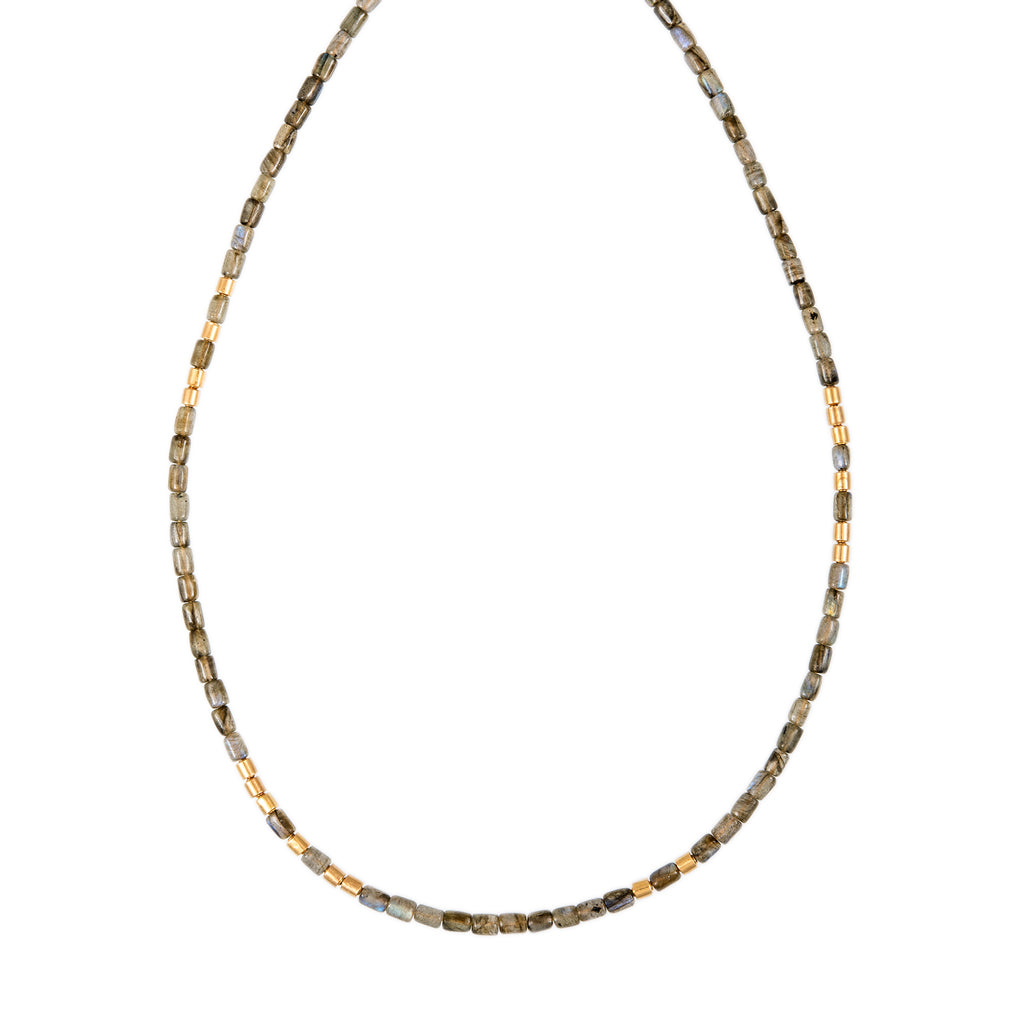 18 GOLD BEADS + LABRADORITE TUBE BEADED NECKLACE