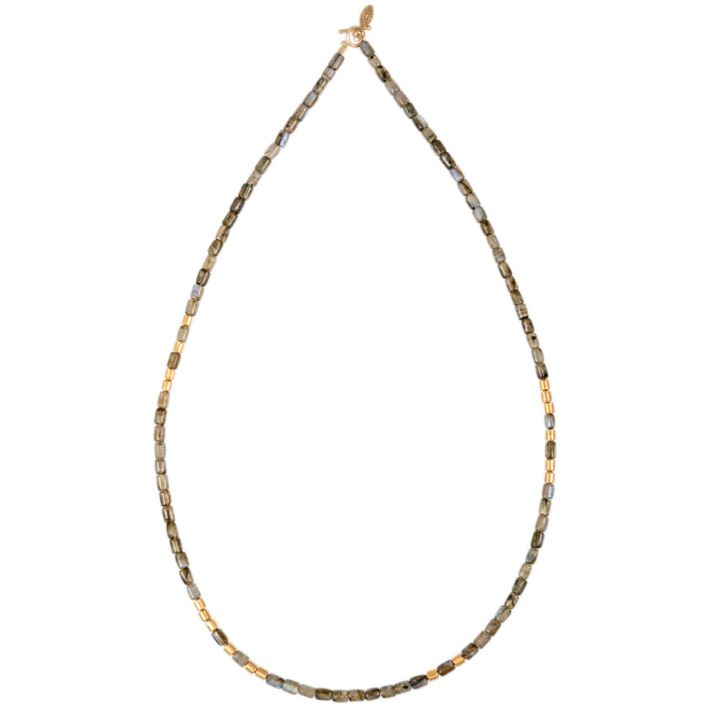 18 GOLD BEADS + LABRADORITE TUBE BEADED NECKLACE