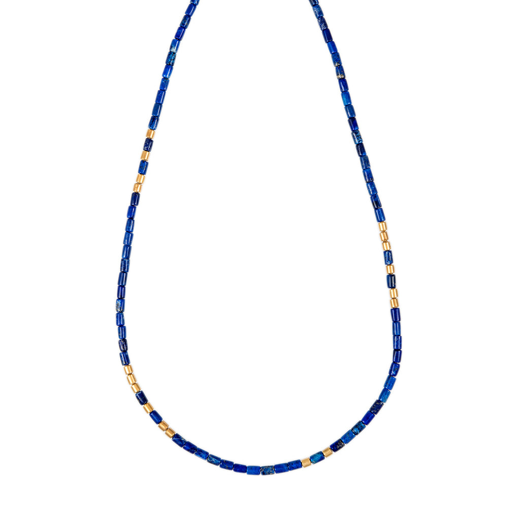 18 Gold Beads + Lapis Tube Beaded Necklace