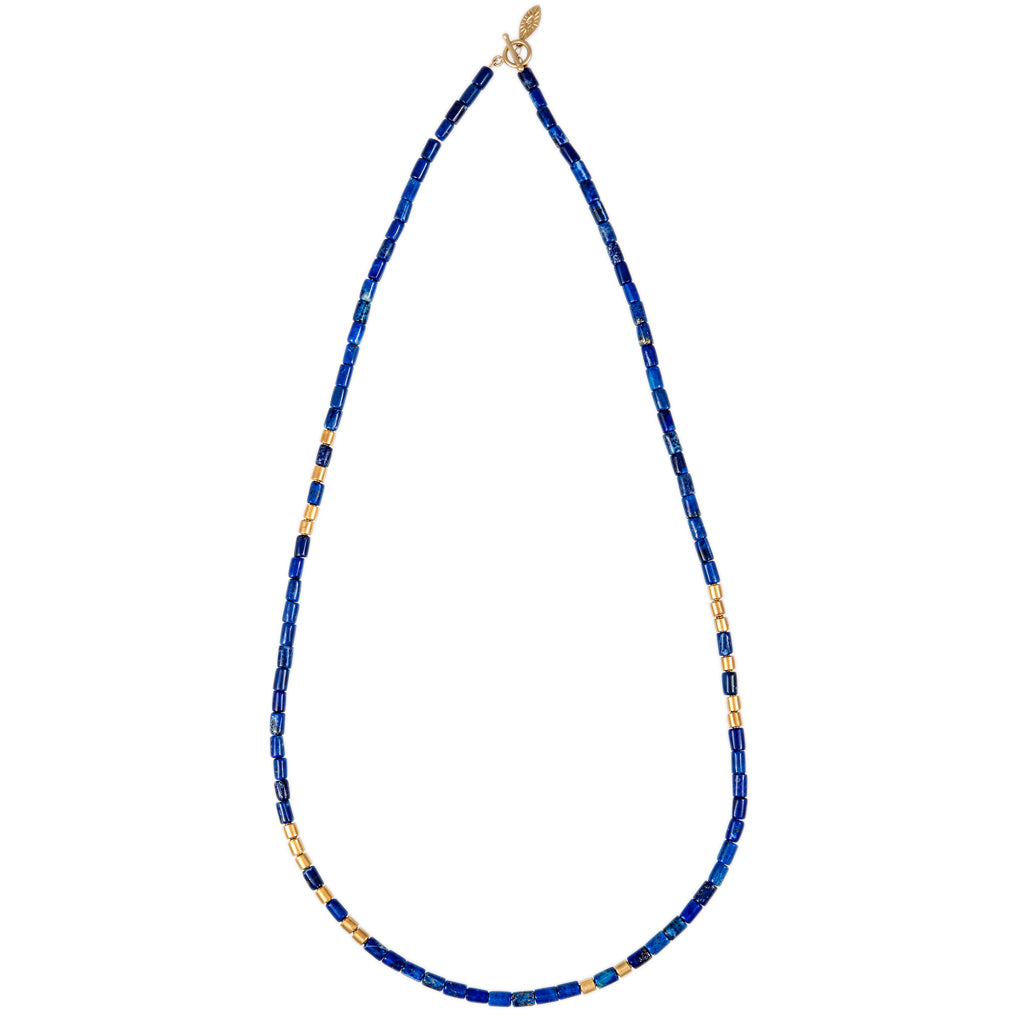 18 GOLD BEADS + LAPIS TUBE BEADED NECKLACE