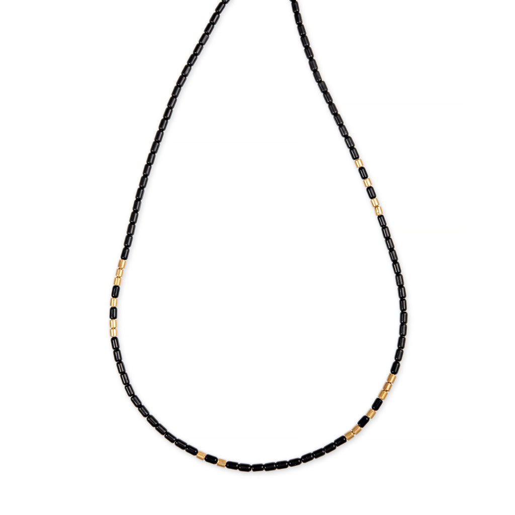 18 Gold Beads + Onyx Tube Beaded Necklace