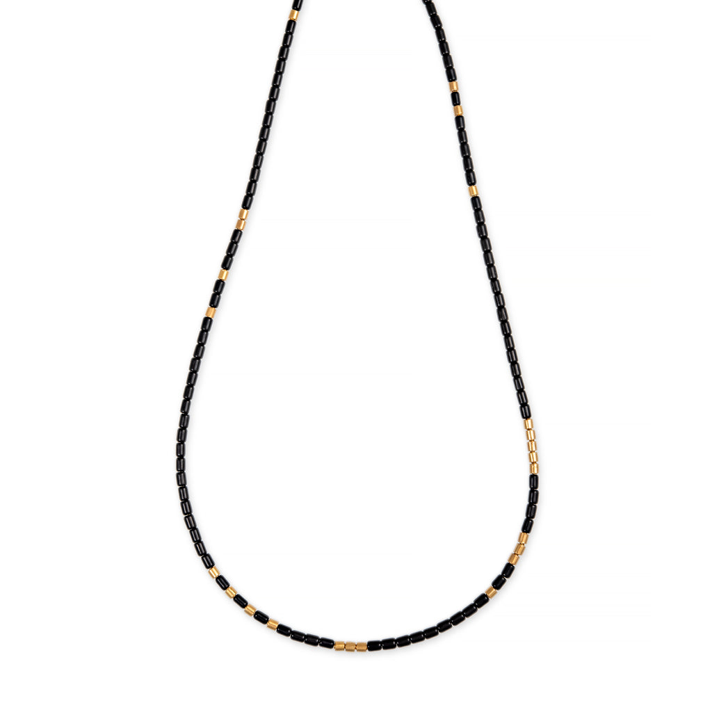 24 Gold Beads + Onyx Tube Beaded Necklace