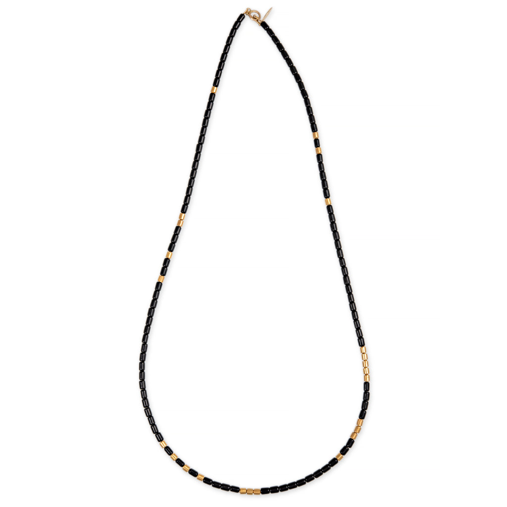 24 GOLD BEADS + ONYX TUBE BEADED NECKLACE