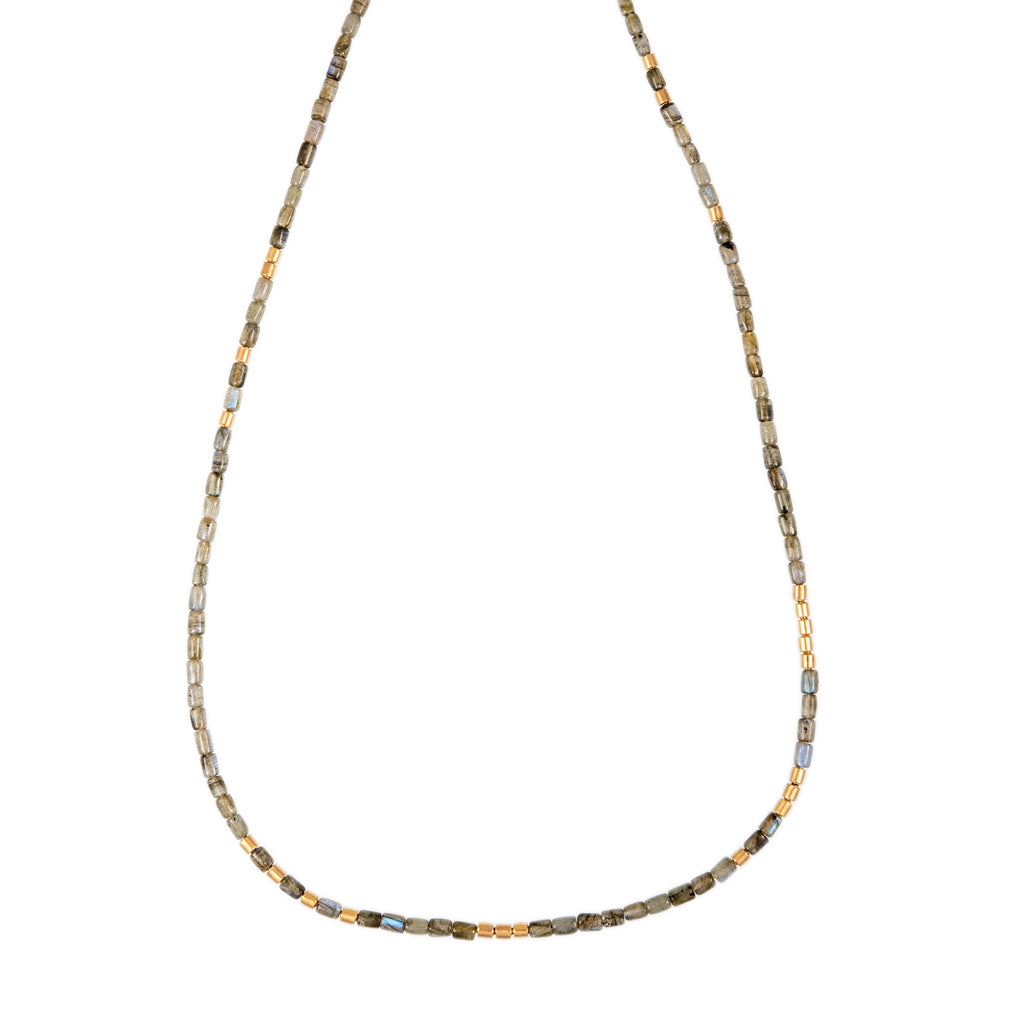 24 GOLD BEADS + LABRADORITE TUBE BEADED NECKLACE