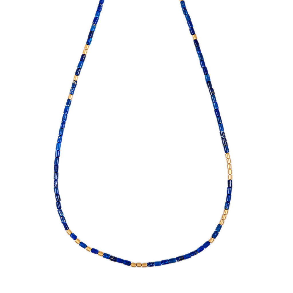 24 GOLD BEADS + LAPIS TUBE BEADED NECKLACE