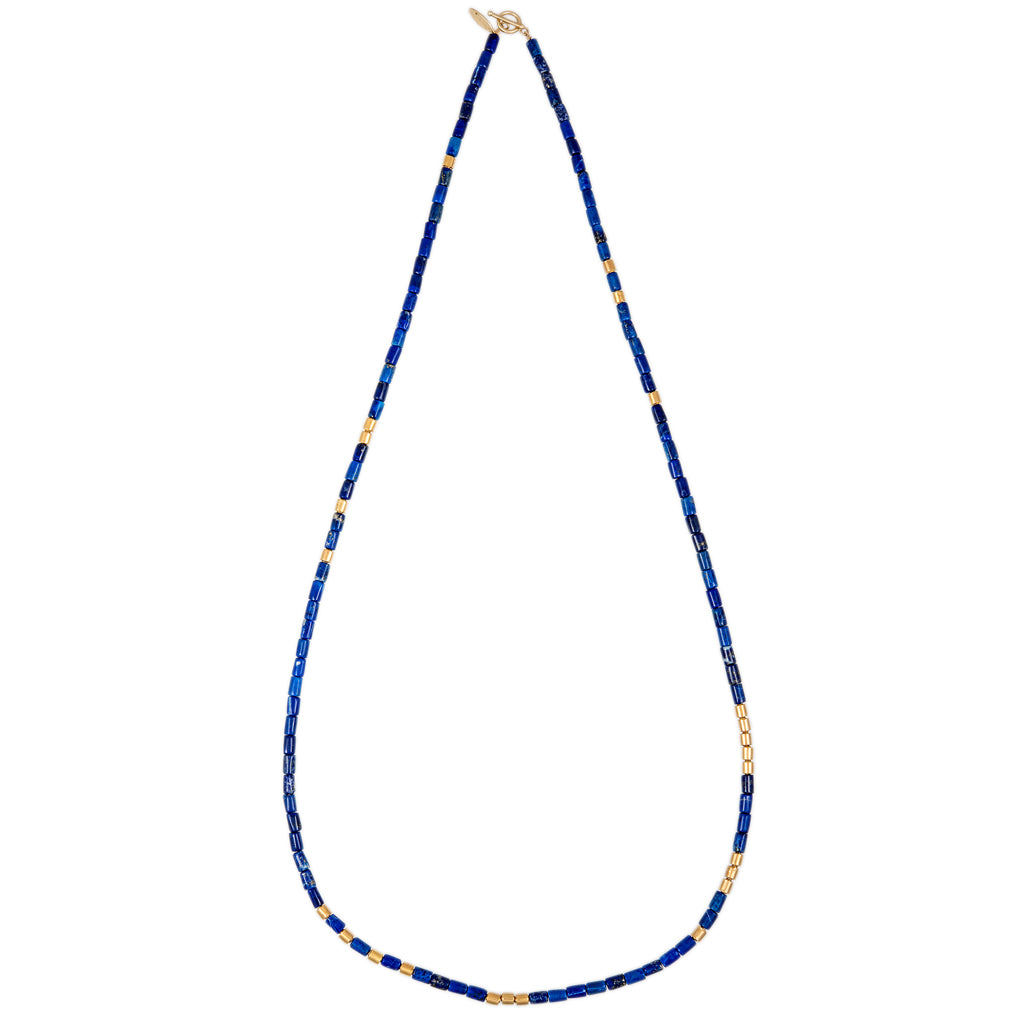 24 GOLD BEADS + LAPIS TUBE BEADED NECKLACE