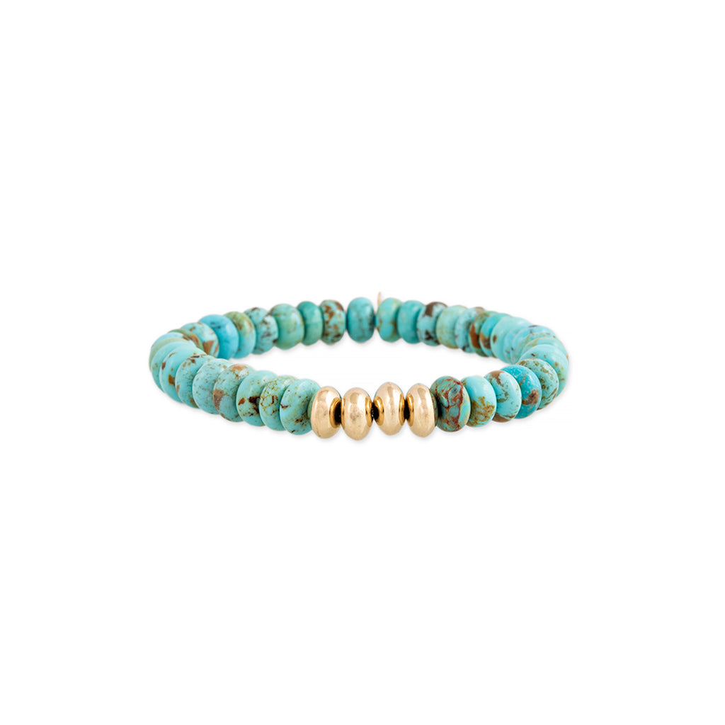 4 GOLD BEADS + TURQUOISE BEADED STRETCH BRACELET