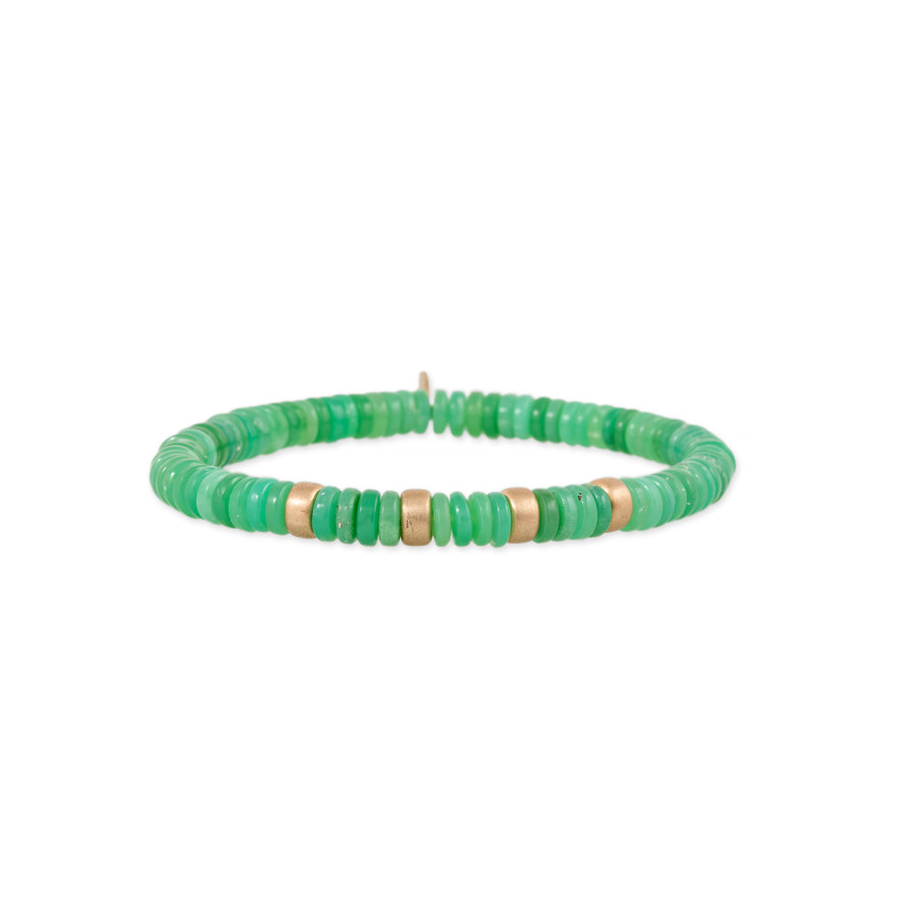 4 SPACED OUT GOLD BEADS + CHRYSOPRASE BEADED STRETCH BRACELET