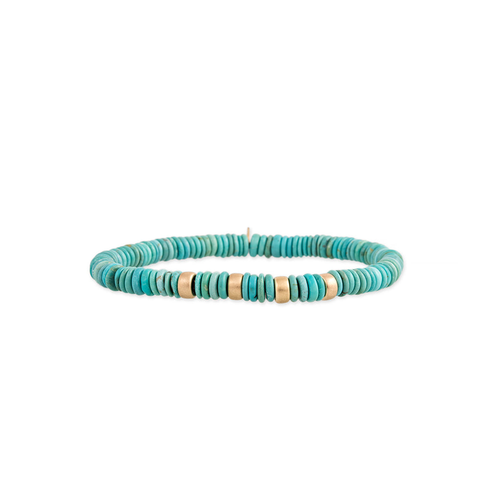 4 SPACED OUT GOLD BEADS + TURQUOISE BEADED STRETCH BRACELET