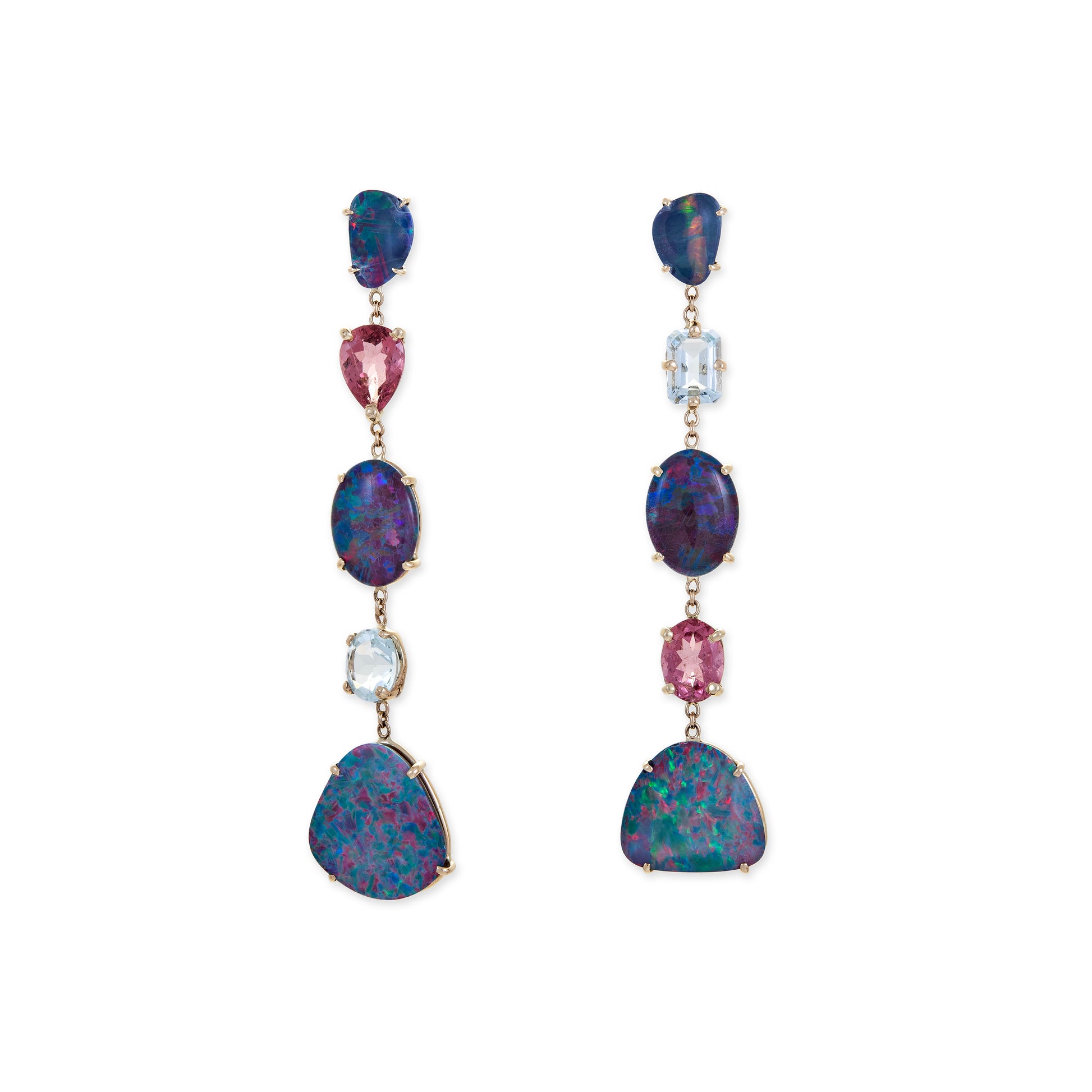 Opal, Aquamarine + Pink Tourmaline Earrings