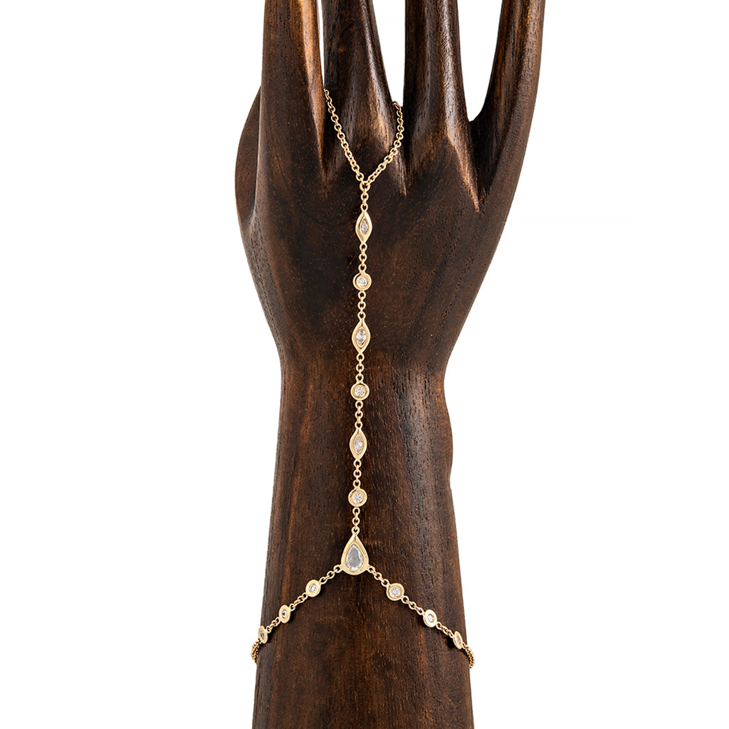 Rose Cut Teardrop Diamond Center, Round + Marquise Alternating Finger Bracelet