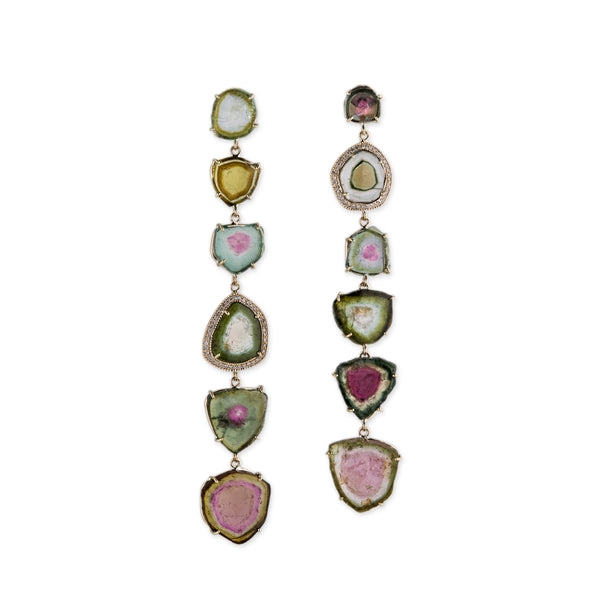 Store Silver Watermelon Tourmaline Slice Earrings Organic Tourmaline Rainbow Tourmaline Tourmaline Jewelry Free Form Tourmaline Prong Set Earrings