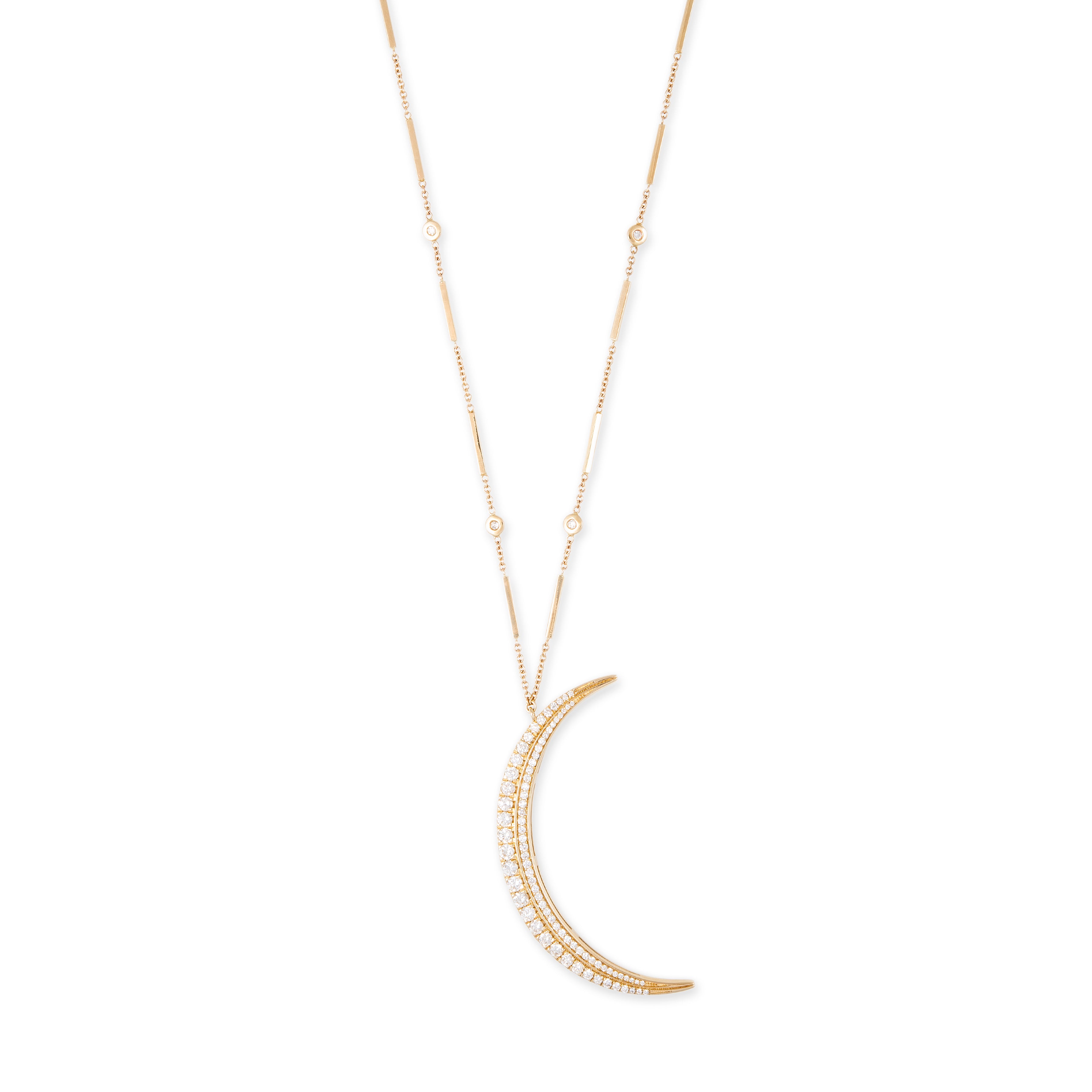 LARGE GRADUATED DIAMOND SLIVER CRESCENT MOON SMOOTH BAR NECKLACE