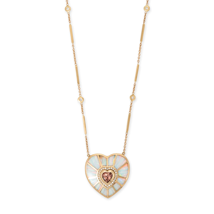 PAVE MORGANITE HEART CENTER + WHITE OPAL INLAY HEART VORTEX SMOOTH BAR NECKLACE