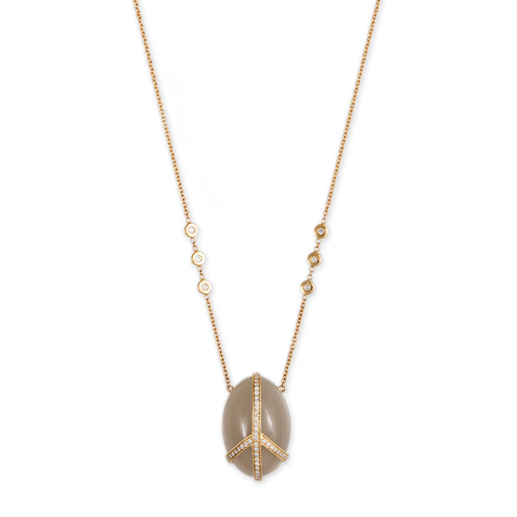 Pavé Diamond Peace Sign Grey Moonstone Necklace
