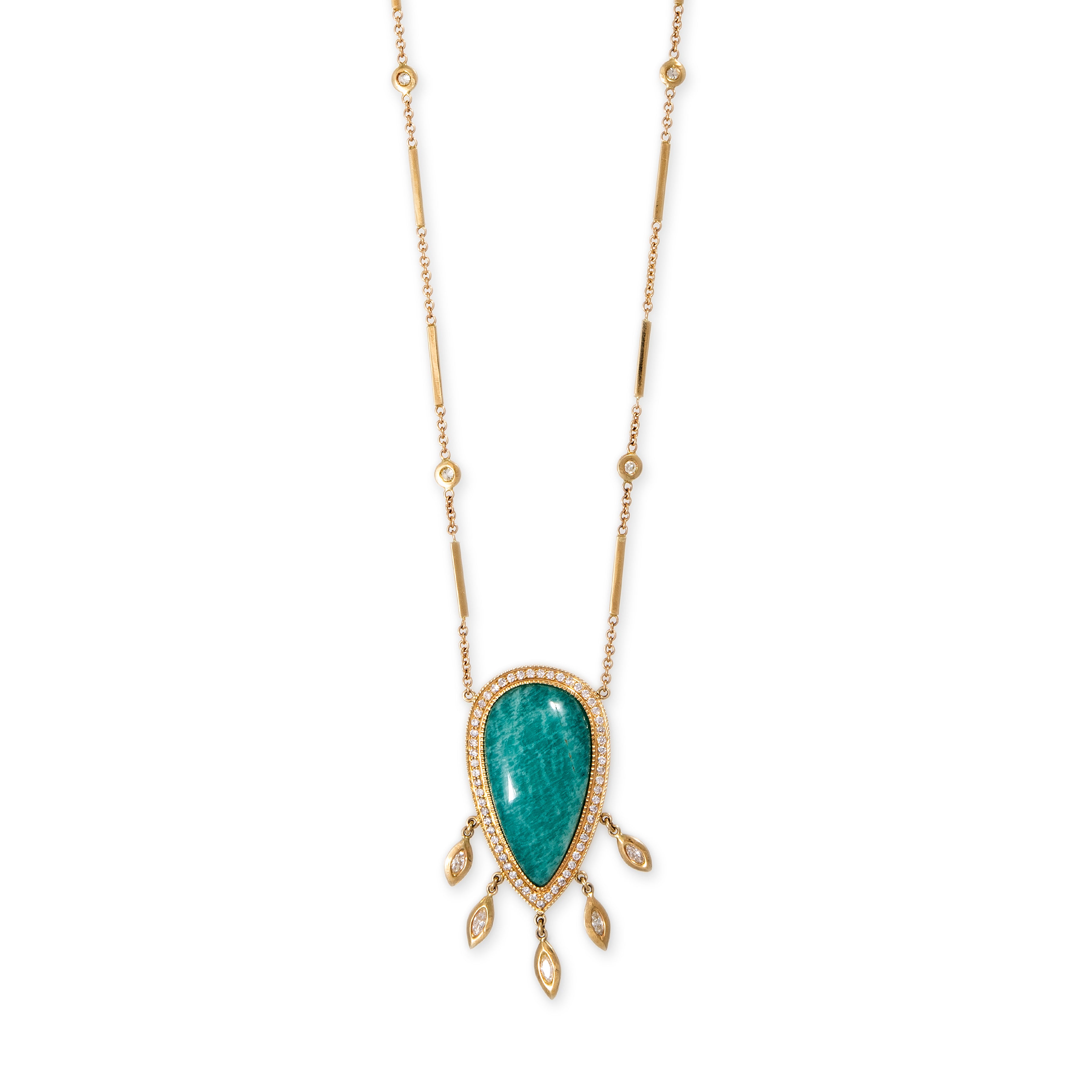 Pave Amazonite Teardrop + 5 Marquise Diamond Shaker Smooth Bar Necklace