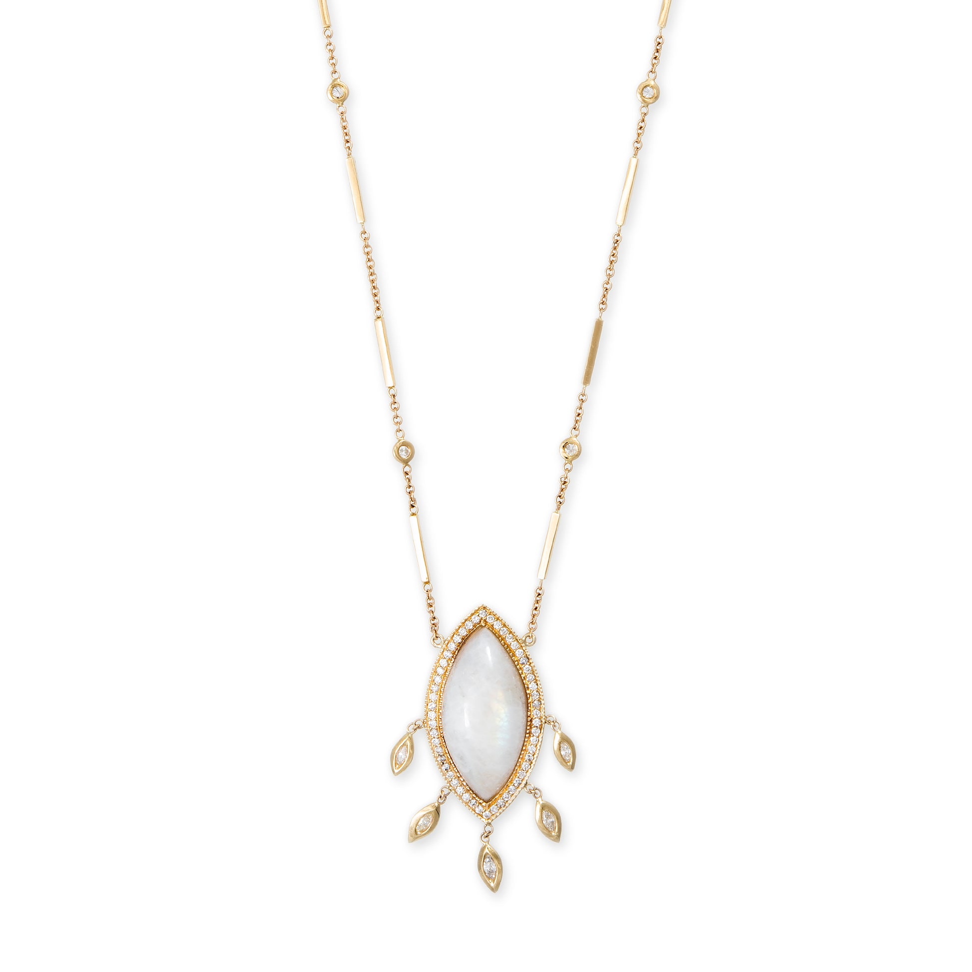 PAVE MOONSTONE MARQUISE + 5 MARQUISE DIAMOND SHAKER SMOOTH BAR NECKLACE