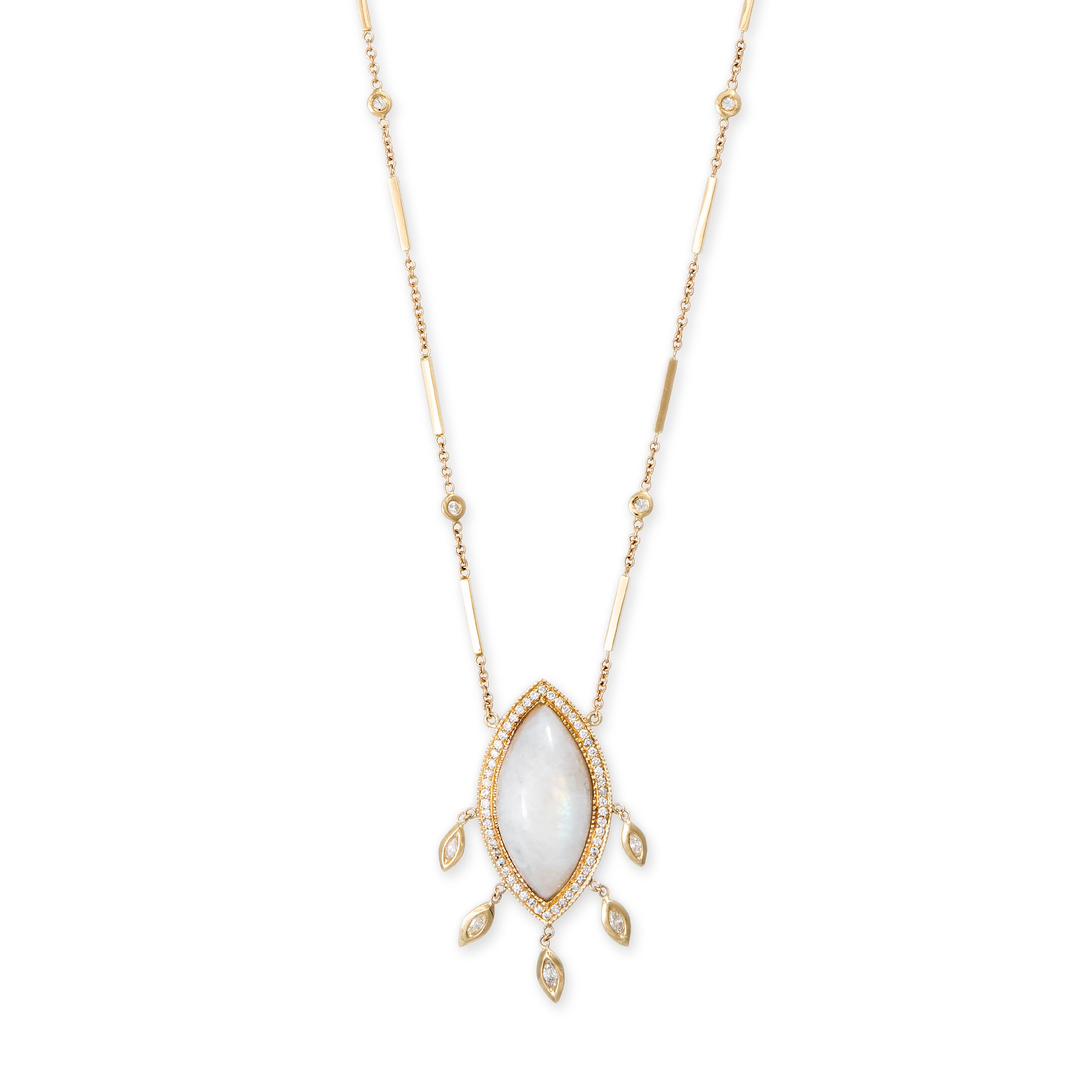 Pave Moonstone Marquise + 5 Marquise Diamond Shaker Smooth Bar Necklace