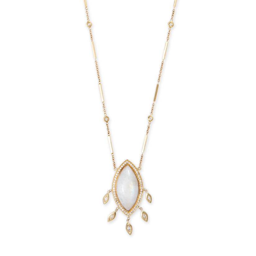 PAVE MOONSTONE MARQUISE + 5 MARQUISE DIAMOND SHAKER SMOOTH BAR NECKLACE