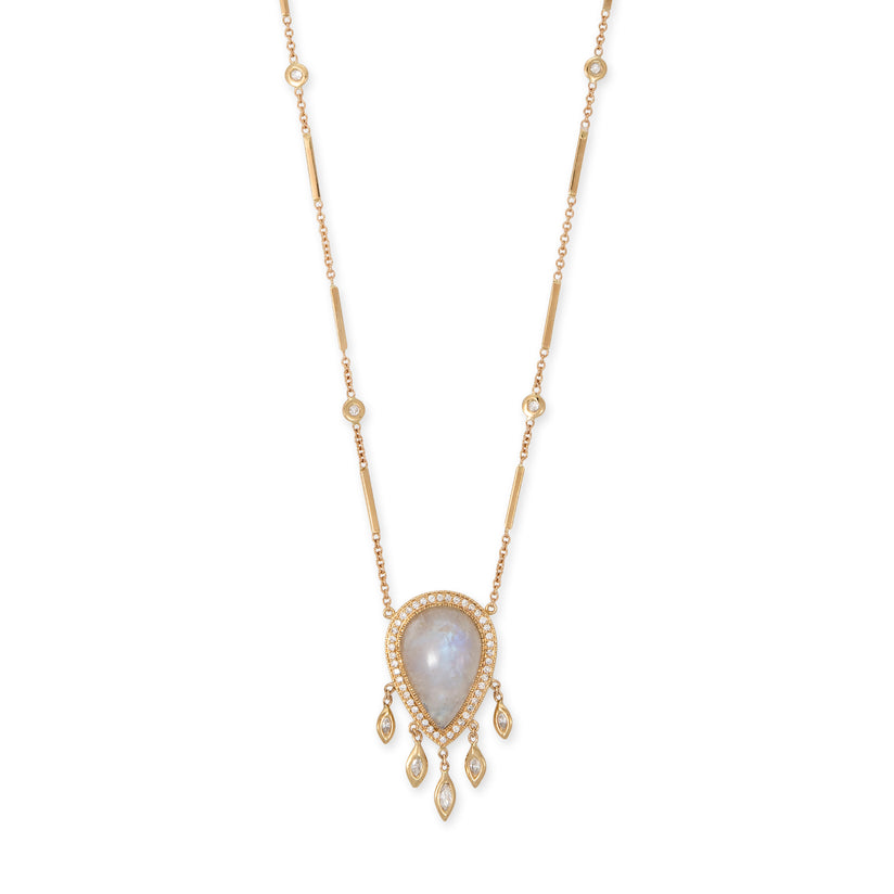 PAVE MOONSTONE  TEARDROP + 5 MARQUISE DIAMOND SHAKER SMOOTH BAR NECKLACE