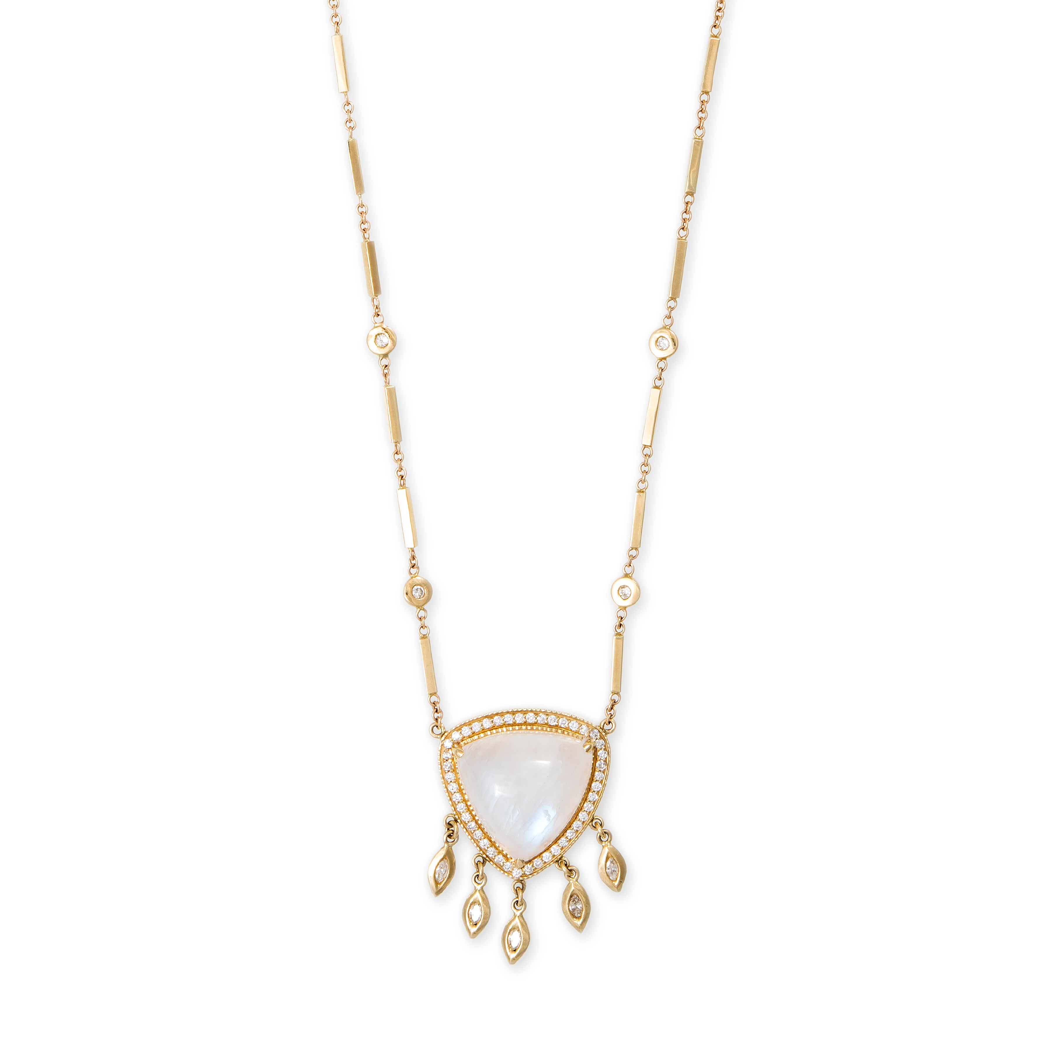 PAVE MOONSTONE  TRILLION + 5 MARQUISE DIAMOND SHAKER SMOOTH BAR NECKLACE