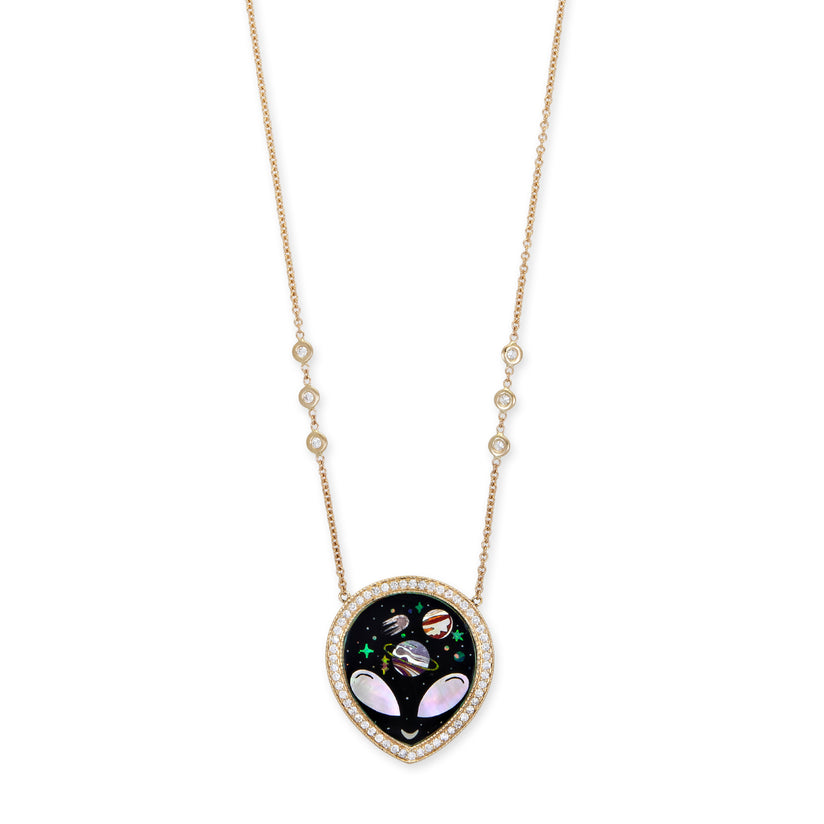 PAVE ONYX + PEARL ALIEN GALAXY INLAY NECKLACE
