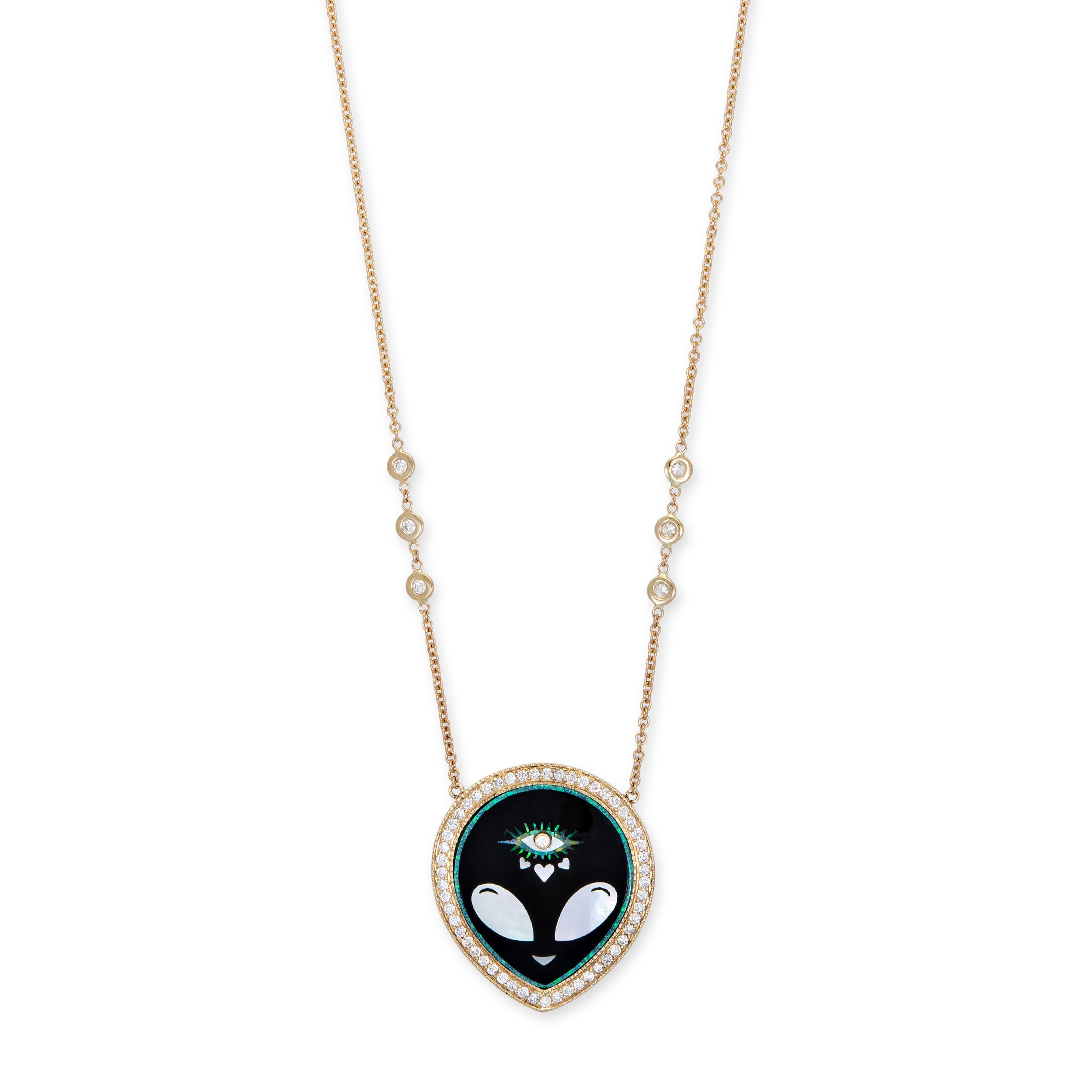 PAVE ONYX + PEARL ALIEN HEART EYE INLAY NECKLACE