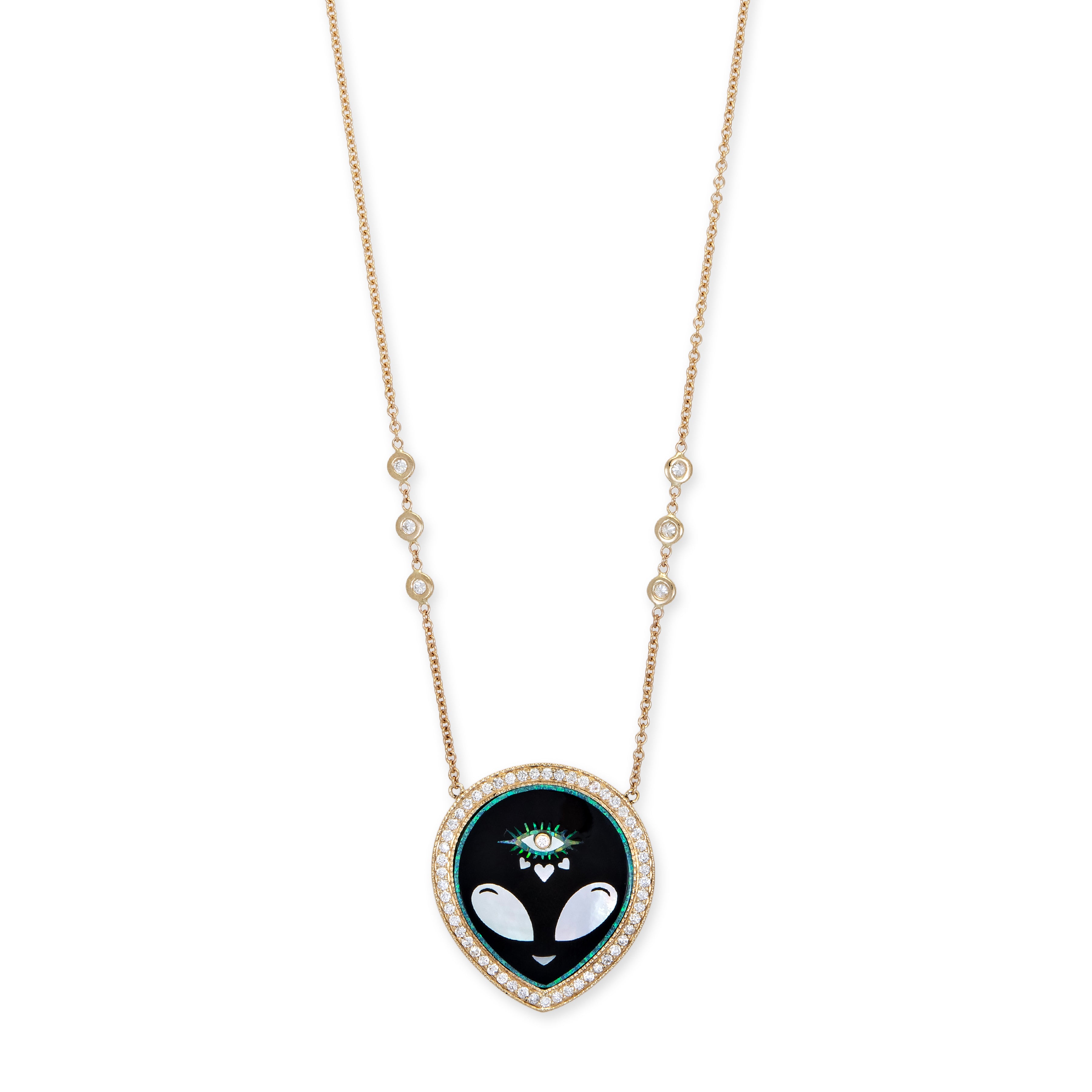 Pave Onyx + Pearl Alien Heart Eye Inlay Necklace